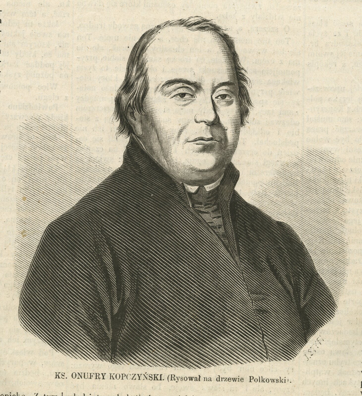 Rysunek przedstawia portret dojrzałego mężczyzny ukazanego od pasa w górę. Mężczyzna ma owalną, pełną twarz i wyraźnie zarysowany, drugi podbródek. Oczy głęboko osadzone, opuchnięte, czoło wysokie, nos niewielki. Mężczyzna ubrany jest w kontusz, spod którego wystaje koszula ze stójką.