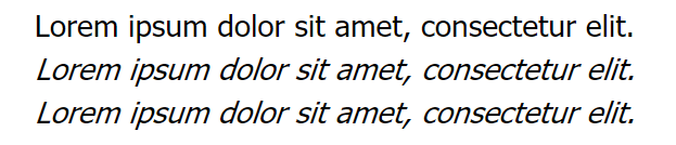 Ilustracja przedstawia przykładowy tekst z stylami czcionki normal, italic, oblique.  Czcionka normal wygląda naturalnie bez żadnych efektów dekoracyjnych.  Przykładowe teksty o czcionkach i italic i oblique są lekko przechylone w prawą stronę.