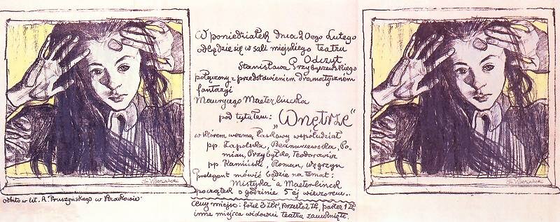 Ilustracja przedstawiająca afisz teatralny. Podzielony jest na trzy części. Zewnętrzne części zawierają ten sam obraz przedstawiający portret młodej dziewczyny. Postać jest ukazana od piersi w górę. Pokazuje całą, trójkątną twarz. Ma długie, proste włosy. Jej czoło jest gładkie, brwi ciemne i cienkie. Małe oczy, prosty nos i wydatne usta. Ubrana jest w koszulę. Unosi ręce na wysokość czoła. Środkowa część afiszu zawiera informacje dotyczące daty i programu wydarzenia.