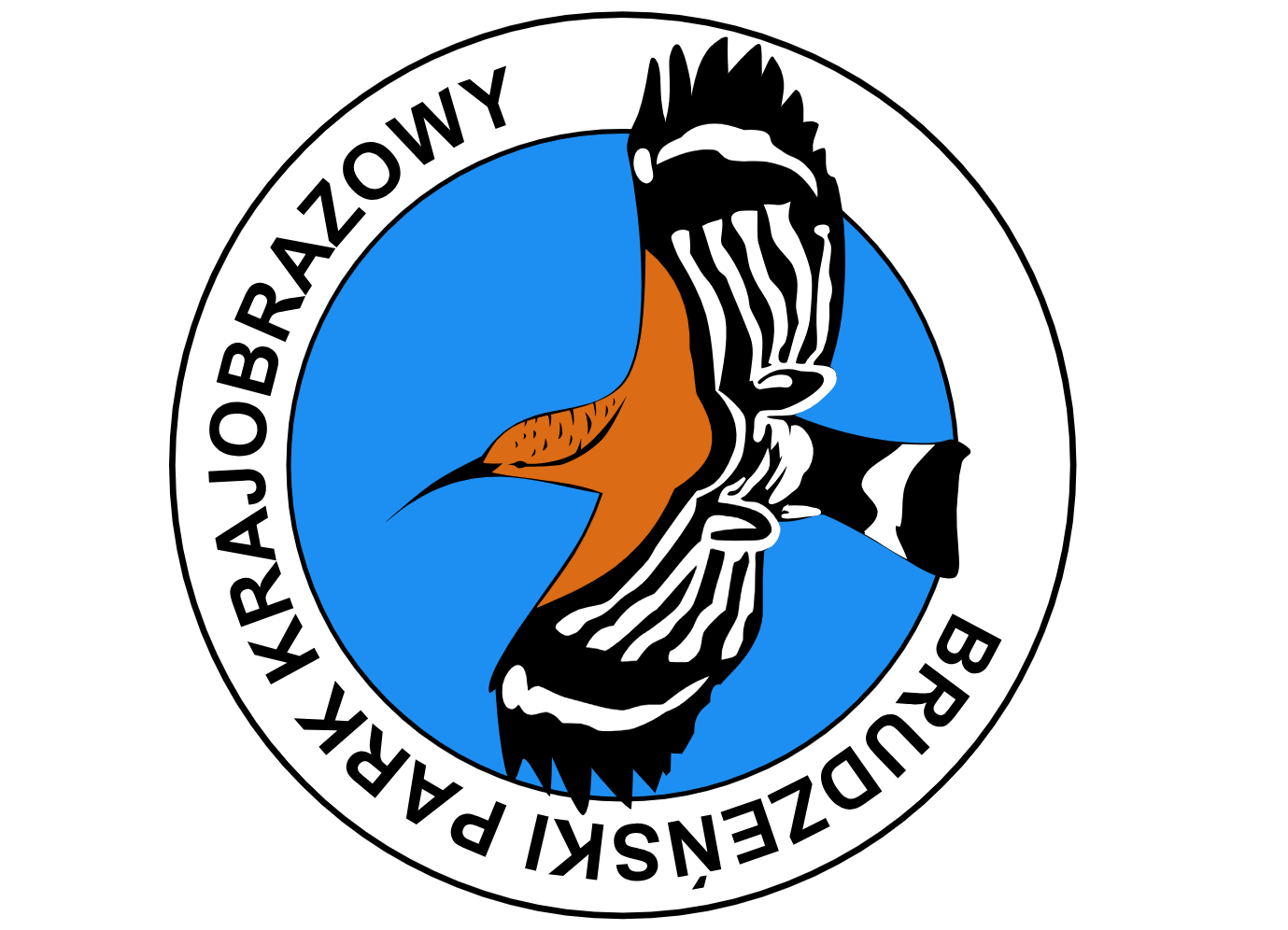 Ilustracja przedstawia logo brudzeńskiego parku krajobrazowego. Na niej rudy ptak z rozłożonymi czarno‑białymi skrzydłami i ogonem tego samego koloru, skierowany w lewą stronę na niebieskim tle. Wokół napis: brudzeński park krajobrazowy