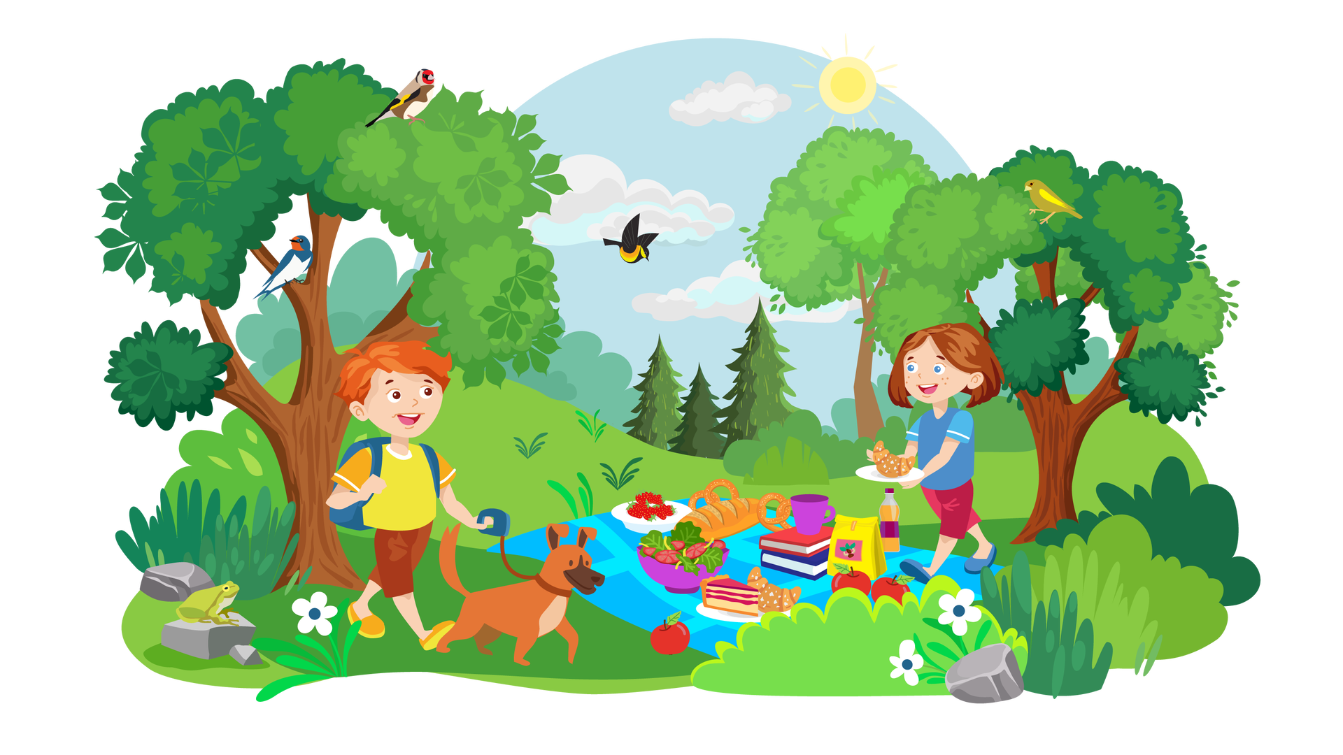 Ilustracja przedstawia rozległy teren porośnięty zielenią z licznymi krzewami, kępkami wysokiej trawy i drzewami liściastymi oraz iglastymi. Gdzieniegdzie rosną również pojedyncze białe kwiaty. W tle widać błękitne niebo ze słońcem i jasnymi chmurami. Na drzewie znajdującym się po lewej stronie ilustracji siedzą dwa ptaki. Pierwszy z nich ma czerwone upierzenie z przodu głowy, białe na brzuchu i granatowe na grzbiecie i skrzydłach. Jest to jaskółka dymówka. Drugi ptak ma biały brzuszek, żółto‑czarne skrzydła, czerwone upierzenie na głowie i brązowe na grzbiecie oraz pod skrzydłami. Jest to szczygieł. Pod drzewem leży kilka szarych kamieni. Na jednym z nich siedzi zielona żaba. Na drzewie znajdującym się po prawej stronie siedzi dzwoniec. Jest to ptak o żółto‑zielonym upierzeniu. Pomiędzy drzewami widać kolejnego ptaka w locie. Ma czarno‑żółte upierzenie. Jest to wilga. W centralnej części ilustracji jest rozłożony na trawie niebieski koc w błękitną kratę. Znajduje się na nim wiele przedmiotów: biała miska z truskawkami, fioletowa miska z sałatką, bochenek chleba, dwa precle, kawałek ciasta na białym talerzyku, rogalik, fioletowy kubek ustawiony na dwóch książkach ułożonych jedna na drugiej, żółta paczka orzeszków, butelka soku pomarańczowego i trzy jabłka. Po prawej stronie wchodzi na koc Maja. W rękach niesie biały talerzyk z rogalikiem. Szeroko się uśmiecha i patrzy na Franka idącego do niej z lewej strony ilustracji. Chłopiec odwzajemnia spojrzenie siostry i również szeroko się uśmiecha. Na plecach niesie granatowy plecak, a w lewej ręce trzyma granatowo‑brązową smycz, na której prowadzi brązowego psa.