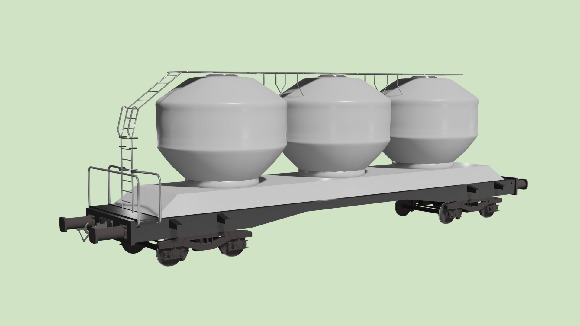 Grafika przedstawia wagon specjalny do przewozu zboża. Na podwoziu osadzonym na dwóch wózkach jezdnych umieszczone są trzy częściowo kuliste zbiorniki na zboże, ładowane przez otwory na ich szczycie. Do otworów prowadzi pomost z drabiną.
