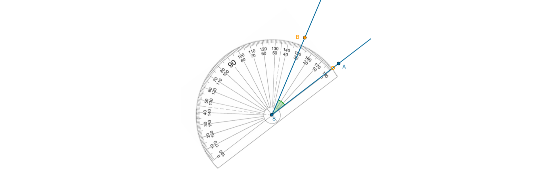 Na rysunku przedstawiony jest kąt oraz kątomierz. Kątomierz jest dołożony do kata tak, aby można było odczytać miarę kata - 30°.