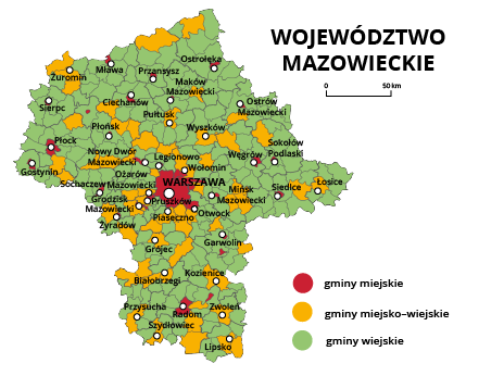 Mapa województwa mazowieckiego. Na mapie szarymi liniami zaznaczono granice powiatów ziemskich, białymi kropkami zaznaczono miasta będące stolicami powiatów. W obrębie powiatów ziemskich kolorami wyróżniono gminy miejskie (na czerwono), miejsko‑wiejskie (na żółto) i wiejskie (na zielono). Stolicą województwa jest Warszawa. Stolicami gmin miejskich są Warszawa, Radom, Ostrołęka, Płock, Mława, Przasnysz, Maków Mazowiecki, Sierpc, Ciechanów, Ostrów Mazowiecki, Płońsk, Nowy Dwór Mazowiecki, Legionowo, Węgrów, Sokołów Podlaski, Sochaczew, Mińsk Mazowiecki, Siedlce, Garwolin, Gostynin. Stolicami gmin miejsko‑wiejskich są Wyszków, Ożarów Mazowiecki, Wołomin, Łosice, Grodzisk Mazowiecki, Pruszków, Otwock, Piaseczno, Żyrardów, Kozienice, Przysucha, Zwoleń, Szydłowiec, Lipsko, Grójec, Pułtusk, Białobrzegi, Żuromin.