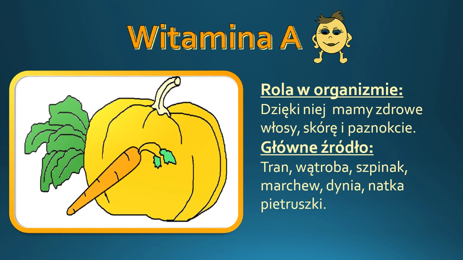 Trzeci slajd prezentacji pod tytułem "Witamina A". Pod tytułem znajduje się obrazek w ramce przedstawiający narysowaną dynię, marchew i szpinak. Obok obrazka, po prawej stronie znajduje się napis: "Rola w organizmie: Dzięki niej mamy zdrowe włosy, skórę i paznokcie. Główne źródło: Tran, wątroba, szpinak, marchew, dynia, natka pietruszki." Tytuł jest napisany pogrubionym WordArtem, który uwypukla napis. Obok tytułu znajduje się naklejka, która symbolizuje witaminę C. Tekst obok obrazka jest częściowo pogrubiony i podkreślony.