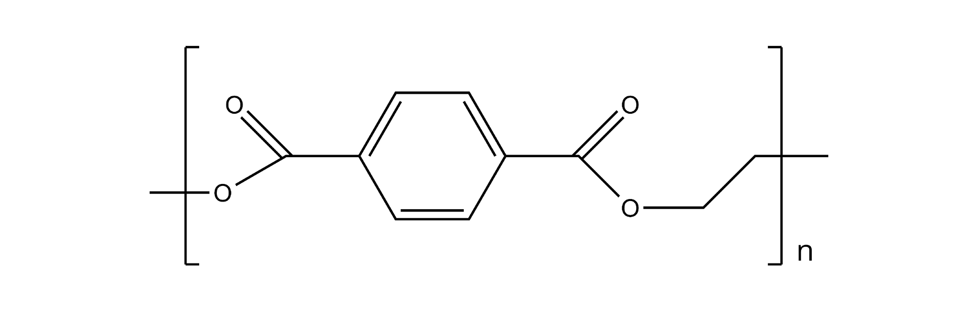 Ilustracja przedstawiająca polimer powstały w wyniku reakcji polikondensacji. To poli(tereftalan etylenu) o strukturze w nawiasie kwadratowym zbudowanej z pierścienia fenylowego podstawionego grupą COO w pozycji pierwszej, od jednego z atomów tlenu odchodzi wiązanie pojedyncze wychodzące poza nawias. W pozycji czwartej pierścienia fenylowego znajduje się druga grupa COO podstawiona grupą metylenową CH2 związana z grupą CH2, której jedno z wiązań wychodzi poza kwadratowy nawias. Względem nawiasu w indeksie dolnym znajduje się litera n.