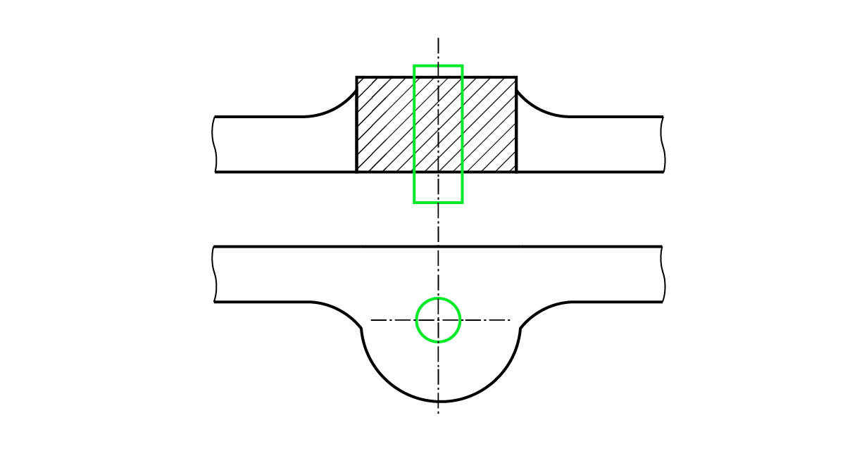 Ilustracja przedstawia rysunek techniczny ochładzalnika wewnętrznego. Składa się on z dwóch części, górnej i dolnej. Górną część stanowi zakreskowany prostokąt z usytuowaną poziomo dłuższą krawędzią. Przez jego środek poprowadzona jest pionowo rozmieszczona przerywana linia. Na środku wspomnianego prostokąta znajduje się narysowany zieloną linią prostokąt, którego dłuższe boki usytuowane są pionowo i są dłuższe niż krótkie boki większego prostokąta. Zakreskowany prostokąt osadzony jest na poziomej linii odchodzącej z obu stron dłuższego, dolnego boku. Od górnego, dłuższego boku odchodzą symetrycznie dwie linie kierujące się ku dołowi i wypłaszczające się w dalszej części. Przez dolną część rysunku poprowadzona jest ta sama przerywana linia, które i tu wyznacza środek rysunku. Nieco niżej znajduje się druga przerywana linia, prostopadła do pierwszej, pionowej. Punkt przecięcia przerywanych linii stanowi jednocześnie środek okręgu. Jego obwód zaznaczony jest na zielono. Nad nim znajduje się pozioma gruba, linia. Poniżej krzywa, która odchodzi od lewej strony powyżej poziomu wyznaczonego przez przerywaną linię. Następnie zakręca w dół, okrążając zielony okrąg i ponownie osiąga poziom.