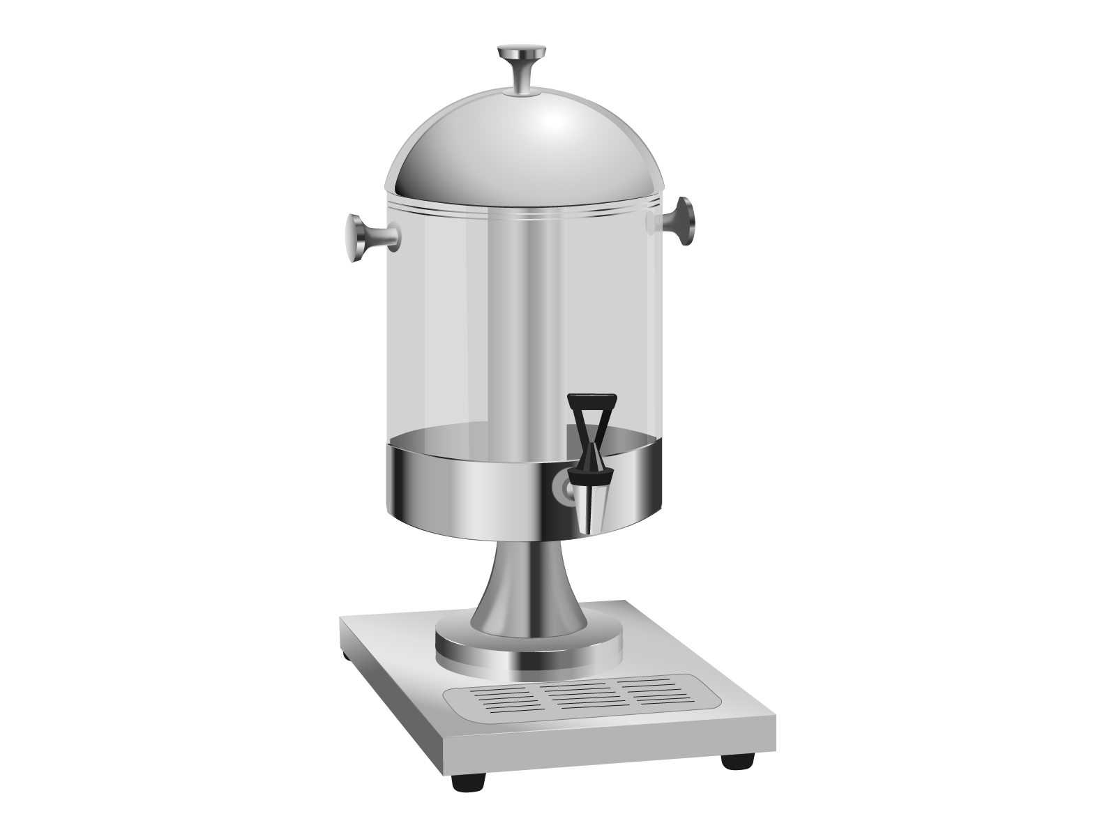 Zdjęcie przedstawia dyspenser do dozowania soków. Widoczny jest cylindryczny przeźroczysty pojemnik ze srebrną kopułkowatą pokrywą z wystającym pośrodku krótkim uchwytem. Poniżej pokrywy, na pojemniku, dwa srebrne wystające uchwyty. W dolnej części pojemnika srebrna taśmowata obejma, do której przymocowany jest kranik z trójkątnym czarnym uchwytem do odkręcania. Poniżej widoczna jest cylindryczna, rozszerzająca się ku dołowi, srebrna nóżka, która jest przymocowana do prostopadłościennej srebrnej podstawy z trzema kwadratami z krótkich poziomych linii obrazujących kratką ściekową.