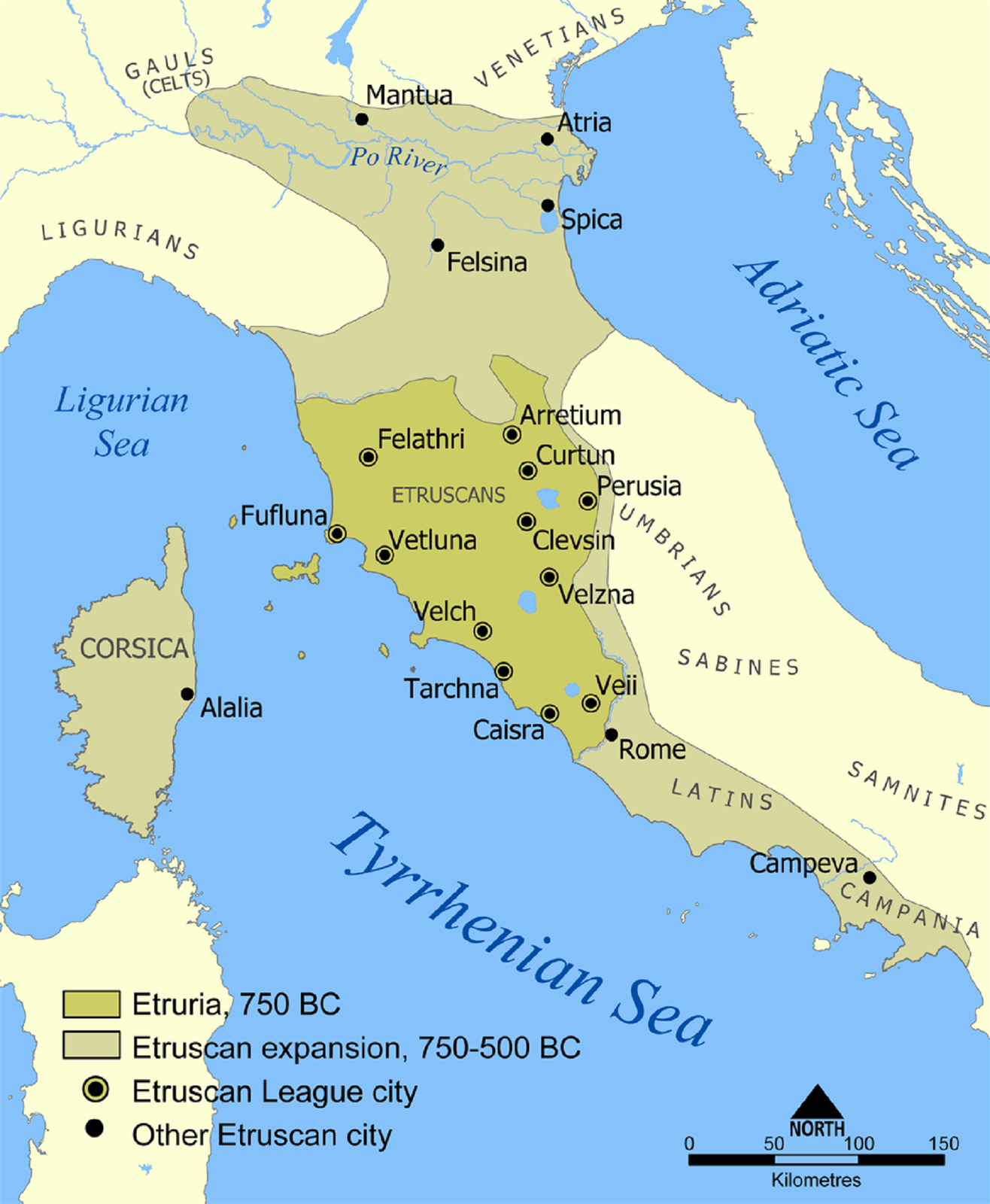 Mapa Etruskiej cywilizacji z zaznaczonymi miastami i morzami. Na mapie jest zaznaczona Etruria z 750 r. p.n.e. oraz tereny podbite przez Etrusków w latach 750-500 p.n.e.