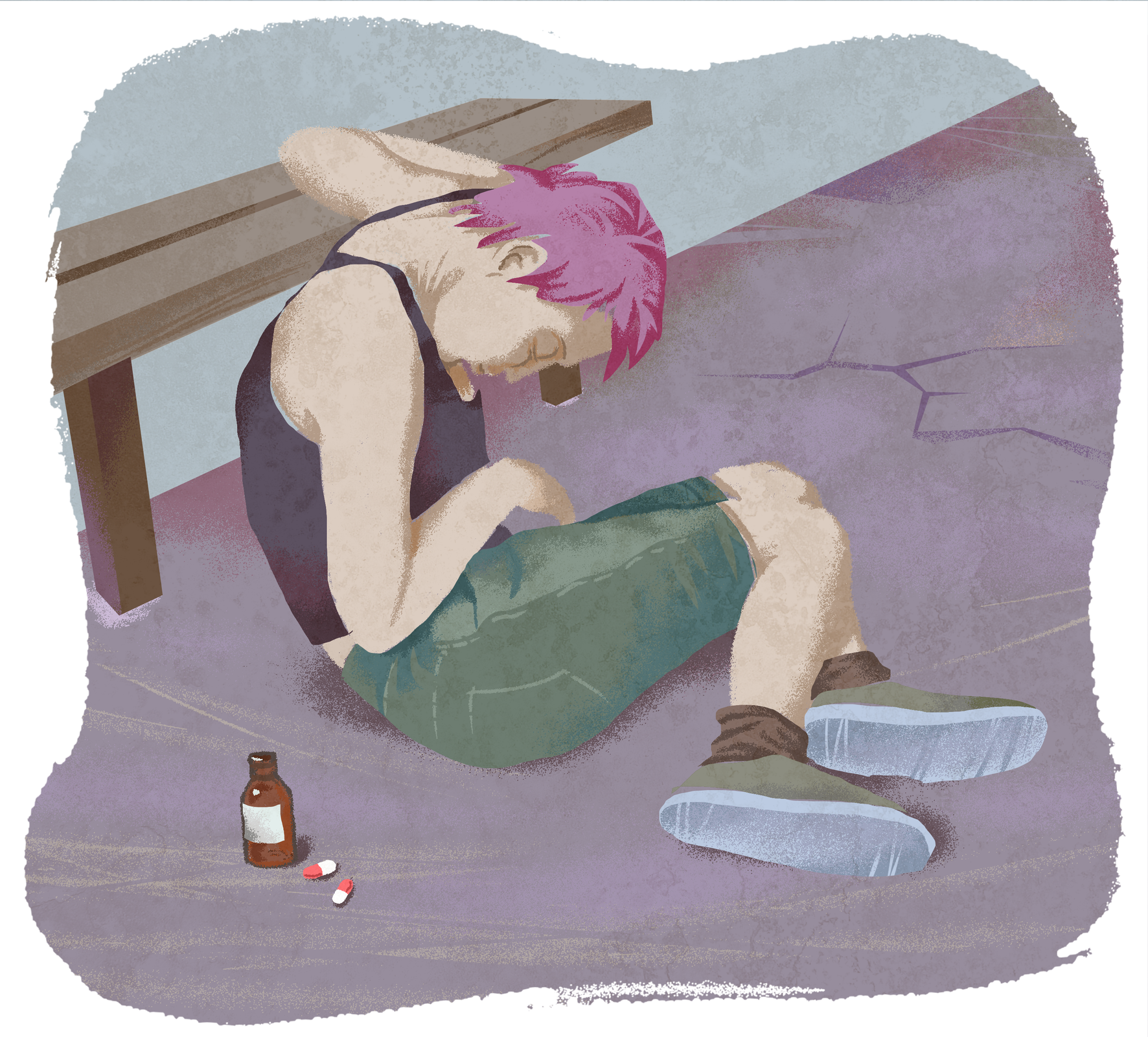 Na ziemi, wsparty jednym ramieniem o ławkę, siedzi młody człowiek. Jest odwrócony tyłem. Ma fioletowe, krótkie włosy, granatową podkoszulkę i zielone bermudy. Na stopach tenisówki. Głowa opuszczona, oczy zamknięte. Z jego prawej strony, na podłodze stoi brązowa buteleczka. Obok niej leżą dwie biało‑czerwone kapsułki.