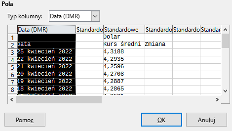 Ilustracja przedstawia otwarte okno programu zatytułowane Pola. W kategorii typ kolumny wybrano opcję DMR. Na dole okna zaznaczono opcję OK. 