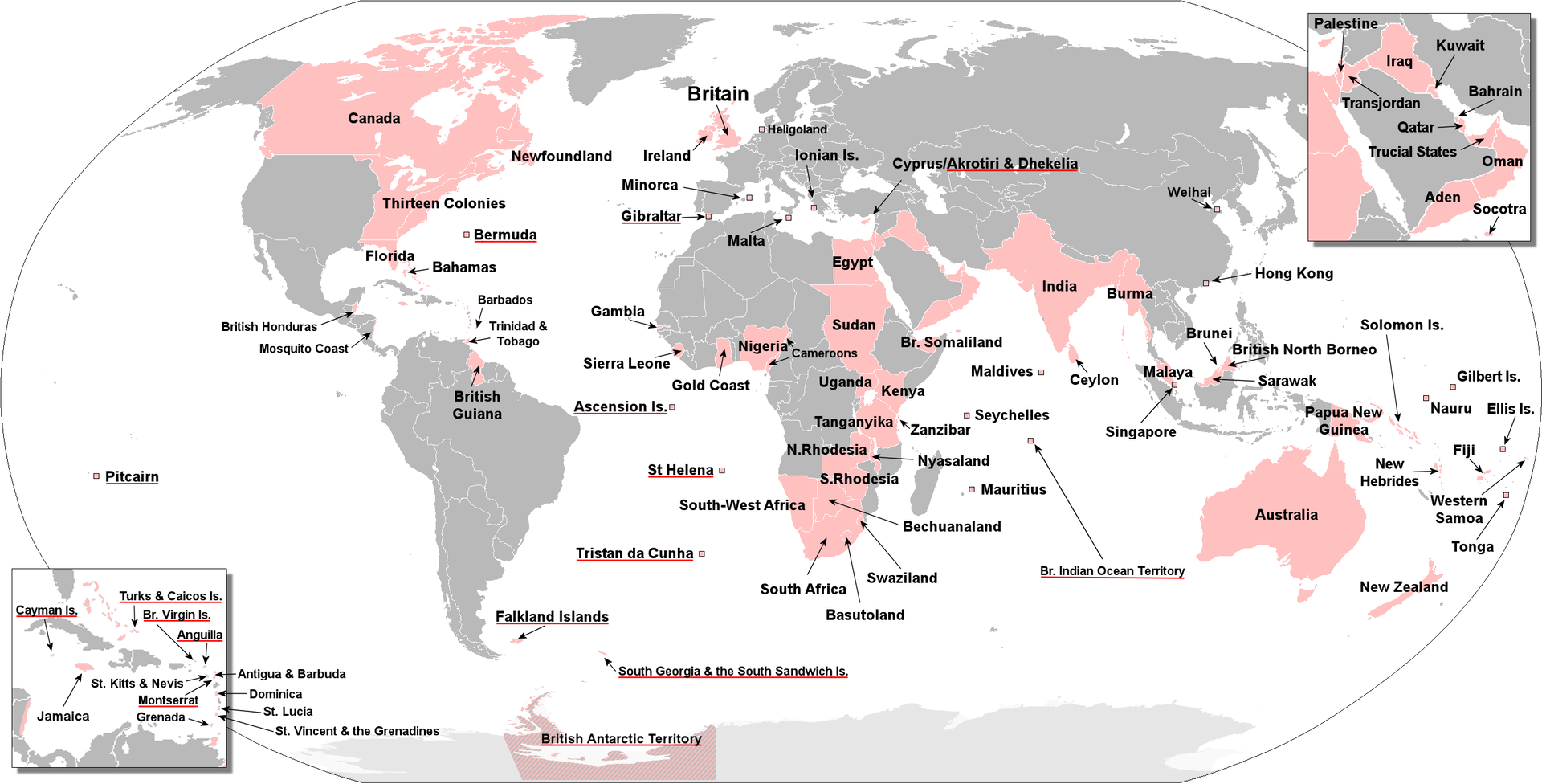 Mapa świata. Kolorem różowym są zaznaczone tereny obejmujące między innymi Amerykę Północną (Kanadę i wschodnie wybrzeże obecnego USA), w Europie Wielką Brytanię, Afrykę (Egipt, Sudan, Nigeria, Sierra Leone, Złoty Przylądek, Południową Afrykę, Botswanę, Rodezję, Tanganikę, Kenię, Rodezję) oraz Azję Mniejszą (Irak, Oman, Jemen), Indie i Birmę, Cejlon, Australię, Papuę Nową Gwineę i Oceanię.