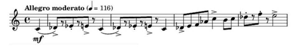 Ilustracja przedstawia zapis nutowy na pięciolinii utworu Siergieja Prokofiewa, „Piotruś i wilk”, temat Myśliwych – trąbka.