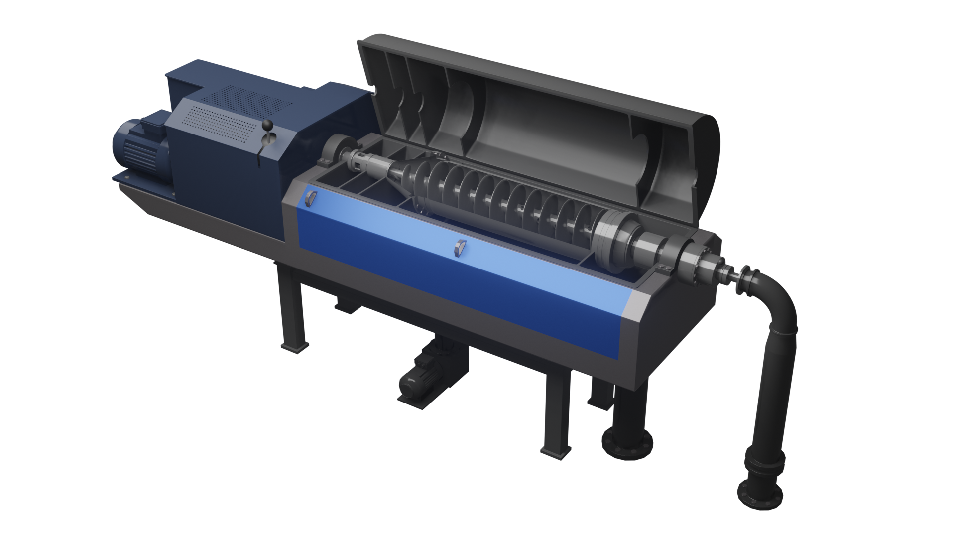 Model przedstawia wirówkę sedymentacyjną. Urządzenie umożliwia odwadnianie produktów wzbogacania węgla kamiennego. Wykorzystanie tych urządzeń w obiegu wodno‑mułowym uzależnione jest od rodzaju odwadnianego materiału i zdeterminowane głównie wielkością odwadnianych ziaren. W wirówkach sedymentacyjnych rozdzielanie fazy stałej od ciekłej odbywa się w polu działania sił odśrodkowych. Wirówka sedymentacyjna służy do odwadniania flotokoncentratu węgla koksowego otrzymanego w wyniku procesu wzbogacania flotacyjnego, a więc dedykowana jest dla drobnouziarnionych zawiesin poniżej <math aria‑label="pięciu dziesiątych milimera">0,5 mm.  W rzucie głównym urządzenie przypomina stół z półokrągłą stalową pokrywą u góry i stalowym ślimakiem znajdującym się w prawej jego części. Wirówka sedymentacyjna osadzona jest na stalowej szarej ramie. Składa się ona z czterech nóg z bocznymi poprzeczkami. Dodatkowo w punkcie stanowiącym środek geometryczny wirówki widać dodatkową nogę wspornikową. Dwie trzecie długości stołu zajmuje niebieska skrzynia (czyli obudowa bębna) o kształcie prostopadłościanu. Nad skrzynią znajduje się szara półokrągła pokrywa przymocowana do zawiasów znajdujących się w tylnej części urządzenia. Jest otwarta. Główny element urządzenia stanowi cylindryczny bęben wirówki sedymentacyjnej usytuowany horyzontalnie. Składa się on z płaszcza, w którym znajduje się wirnik oraz ślimak. Bęben oraz wirnik obracają się w tym samym kierunku, lecz z różną prędkością. Liczba obrotów bębna jest o około 2% wyższa niż liczba obrotów wirnika. Przez otwory w ścianie wirnika zawiesina przechodzi do przestrzeni roboczej pomiędzy wirnikiem a bębnem i wskutek działania siły odśrodkowej zostaje rozwarstwiona w ten sposób, że faza stała posiadająca większą gęstość od wody tworzy pierścień zewnętrzny (przylegający do ściany bębna), natomiast woda wraz z pewną ilością części stałych - pierścień wewnętrzny. Z przodu ramy zamontowany jest rurociąg doprowadzający pod ciśnieniem nadawę do bębna wirówki. Odwodniony produkt przesuwa się wzdłuż cylindrycznego bębna wirówki na skutek obrotu ślimaka. Wał wirnika posiada otwory, przez które przepływa zawiesina do przestrzeni roboczej pomiędzy wirnikiem a bębnem. Na skutek działania siły odśrodkowej dochodzi do rozwarstwienia w ten sposób, że faza stała posiadająca większą gęstość od wody tworzy pierścień zewnętrzny (przylegający do ściany bębna), natomiast woda wraz z pewną ilością części stałych - pierścień wewnętrzny. Po przeciwnej stronie bębna znajduje się odprowadzenie niż doprowadzenie znajduje się odprowadzenie produktu po odwodnieniu. Z kolei na poziomie jednej drugiej wysokości bębna po przeciwnej stronie znajduje się próg przelewowy umożliwiający opuszczenie cieczy po rozdziale. Po przeciwnej stronie względem dopływu nadawy znajduje się zabudowany napęd wirnika, a za nim napęd będna. Stanowią je silniki elektryczne.