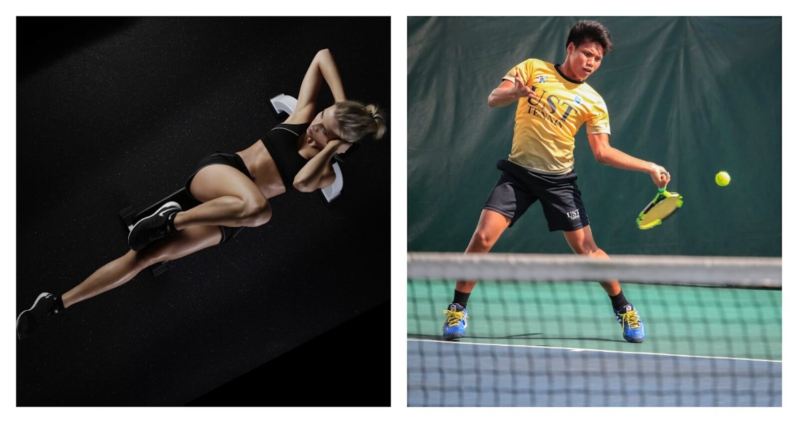 Ilustracja składa się  dwóch zdjęć. Na pierwszym dziewczyna wykonuje ćwiczenia w pozycji leżącej a na drugim chłopak gra w tenisa ziemnego.