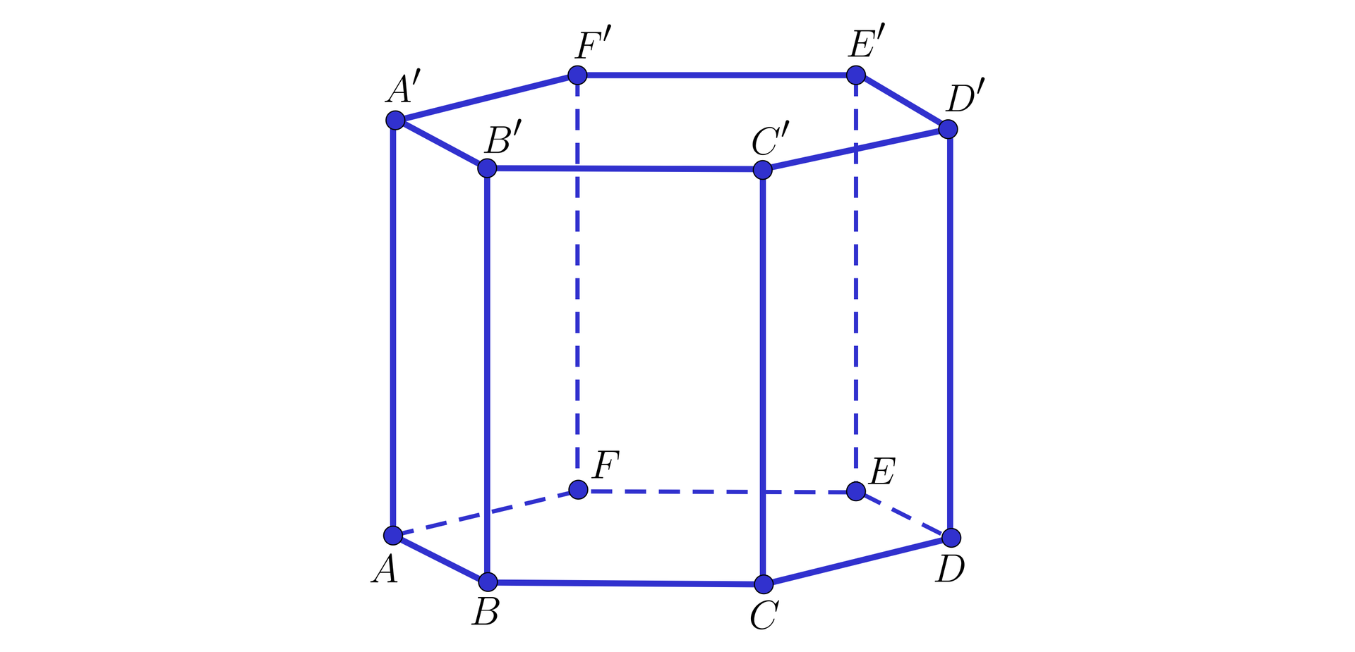 Grafika przedstawia graniastosłup prawidłowy sześciokątny A B C D E F A prim, B prim, C prim, D prim, E prim, F prim. Dolna podstawa składa się z sześciokąta foremnego A B C D E F, natomiast podstawa górna z sześciokąta foremnego A prim, B prim, C prim, D prim, E prim, F prim.