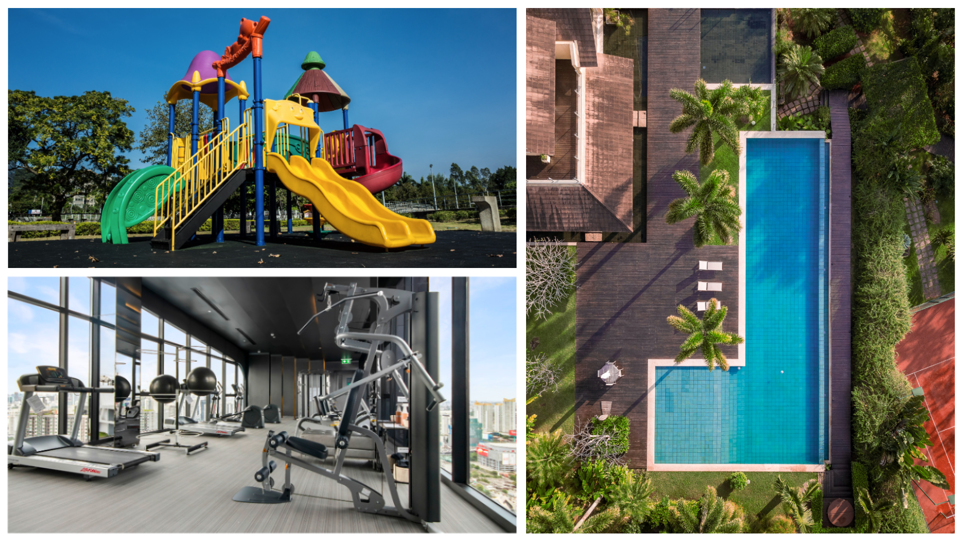 Ilustracja składa się z trzech zdjęć przedstawiających różne atrakcje hotelowe. Zdjęcie po lewej u góry przedstawia plac zabaw dla dzieci. Na placu zabaw znajduje się zjeżdżalnia. Zdjęcie po lewej na dole przedstawia siłownię. Widoczne są bieżnie, atlas do ćwiczeń. Siłownia znajduje się na wyższym piętrze, ma dużo okien. Zdjęcie po prawej przedstawia z góry basen hotelowy w kształcie litery L. Obok basenu rosną palmy.