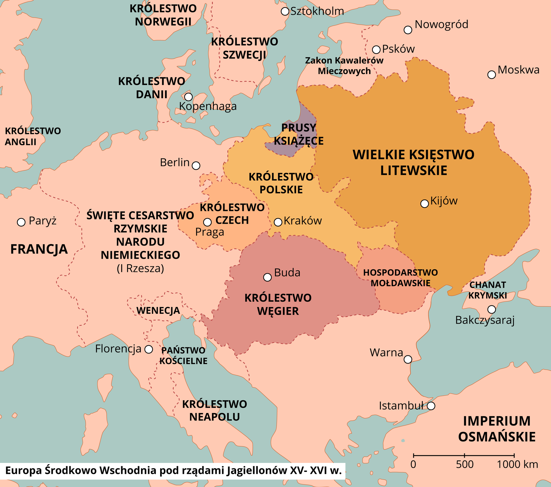 Ilustracja przedstawia mapę Europy w epoce Jagiellonów. Wyróżniono innym kolorem Wielkie Księstwo Litewskie z miastem Kijów oraz Królestwa: Polskie z miastem Kraków, Czeskie z miastem Praga, Węgierskie z miastem Buda. A także Prusy Książęce. Hospodarstwo Mołdawskie. 