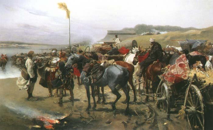 Ilustracja przedstawia Pospolite ruszenie u brodu. Kolumna z ludzi ma koniach i wozach konnych. Wyruszają na front. 