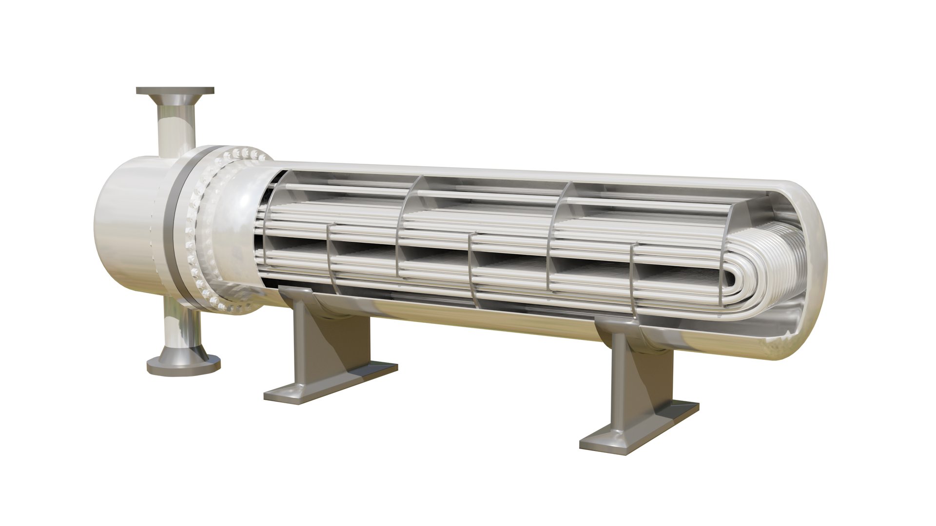Na ekranie znajduje się ilustracja wymiennika ciepła wyposażonego w kondensator, chłodnicę. Wymiennik ciepła jest urządzeniem umożliwiającym wymianę ciepła pomiędzy płynami o różnej temperaturze. Wymiana ciepła zachodzi poprzez zjawiska konwekcji i przewodzenia.Widoczne na ilustracji urządzenie składa się z długiego cylindra w orientacji poziomej zaokrąglonego z obu stron. Cylinder umiejscowiony jest na trzech podporach. Pierwsze dwie od prawej strony są prostokątne, a trzecia jest okrągła i przechodzi na wylot przez cylinder tak, że znajduje się również nad cylindrem. W środku cylindra znajdują się przewody chłodzące. Rury chłodnicze poprowadzone są poziomo i są zaokrąglone z prawej strony. Na zdjęciu widoczne są cztery przewody, a za nimi spora ilość następnych. Przewody przymocowane są do obudowy za pomocą płaskich elementów. Lewa część cylindra to wymiennik ciepła. Wymiennik ciepła oddzielony jest od reszty za pomocą zgrubienia na cylindrze. Zgrubienie jest w kształcie walca i z obu stron przymocowane jest dużą ilością śrub.