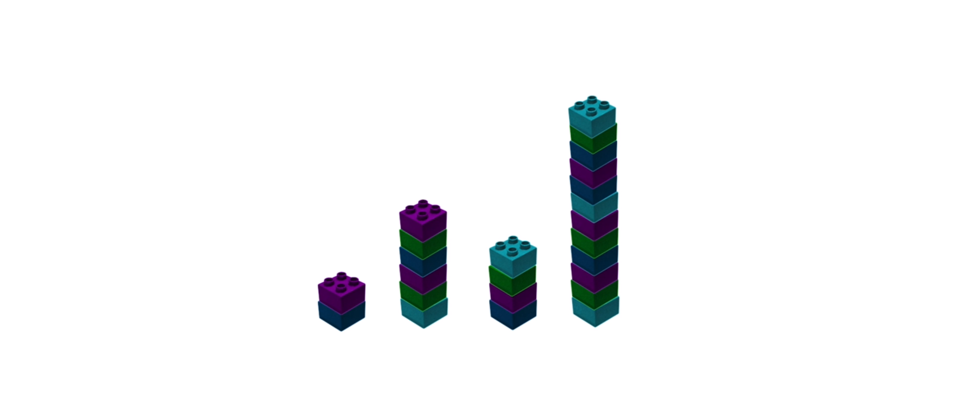 Na rysunku przedstawione są cztery wieże zbudowane z jednakowych klocków. Pierwsza wieża składa się z 2 klocków, druga z 6 klocków, trzecia z 4 klocków, czwarta z 12 klocków.