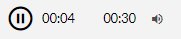 Na zrzucie ekranu przedstawiono ikonę zatrzymania odtwarzania filmu. W czarnym okręgu znajdują się dwa pionowe paski. Po naciśnięciu ikony zatrzymywany jest proces odtwarzania materiału dźwiękowego. Po prawej stronie znajduje się czas i pasek postępu nagrania.