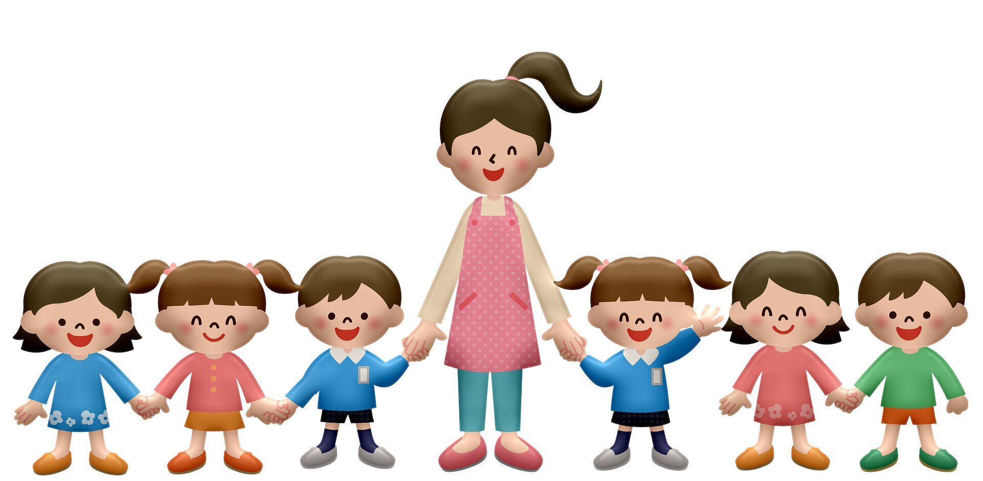 Na ilustracji przedstawiona jest grupa dzieci. Stoją w jednym rzędzie, uśmiechają się i trzymają się za ręce. Są to chłopcy i dziewczynki. Mają na sobie kolorowe ubranka. W środku stoi ich Pani.