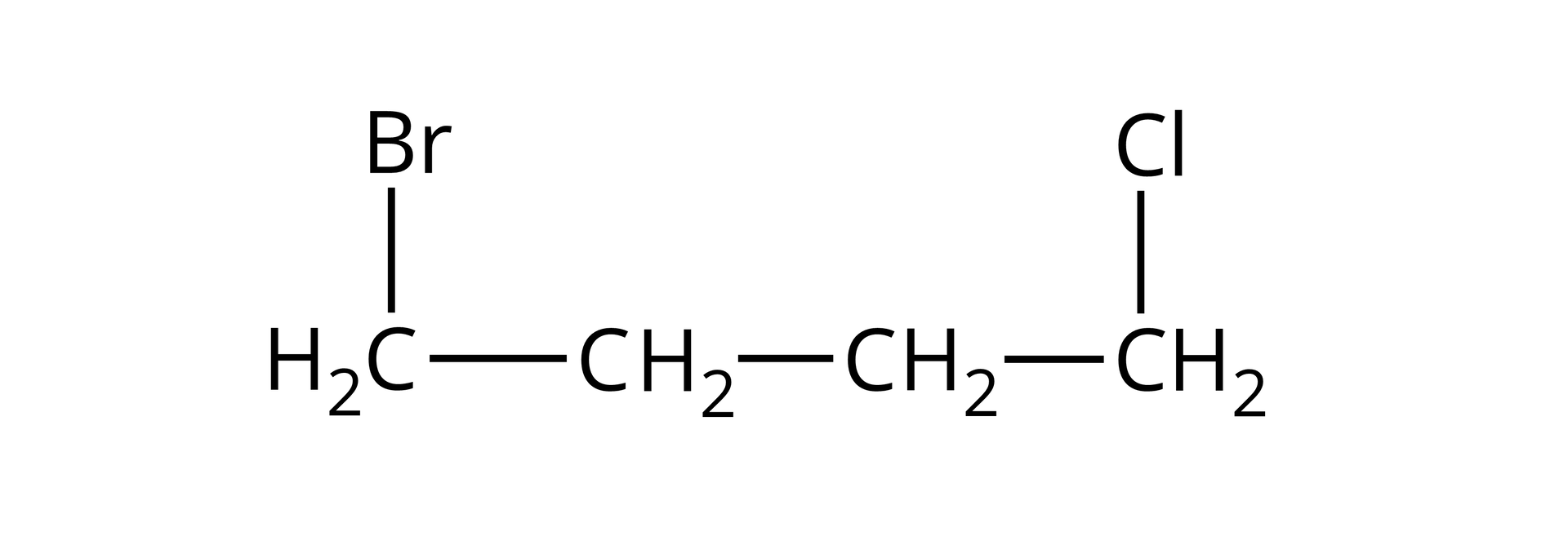 Ilustracja przedstawiająca wzór. W łańcuchu głównym połączone są ze sobą cztery grupy metylenowe. Grupa leżąca po lewej stronie łączy się z  atomem bromu, grupa leżąca po prawej stronie łączy się z atomem chloru. Zatem zapis jest następujący BrCH2CH2CH2CH2Cl.