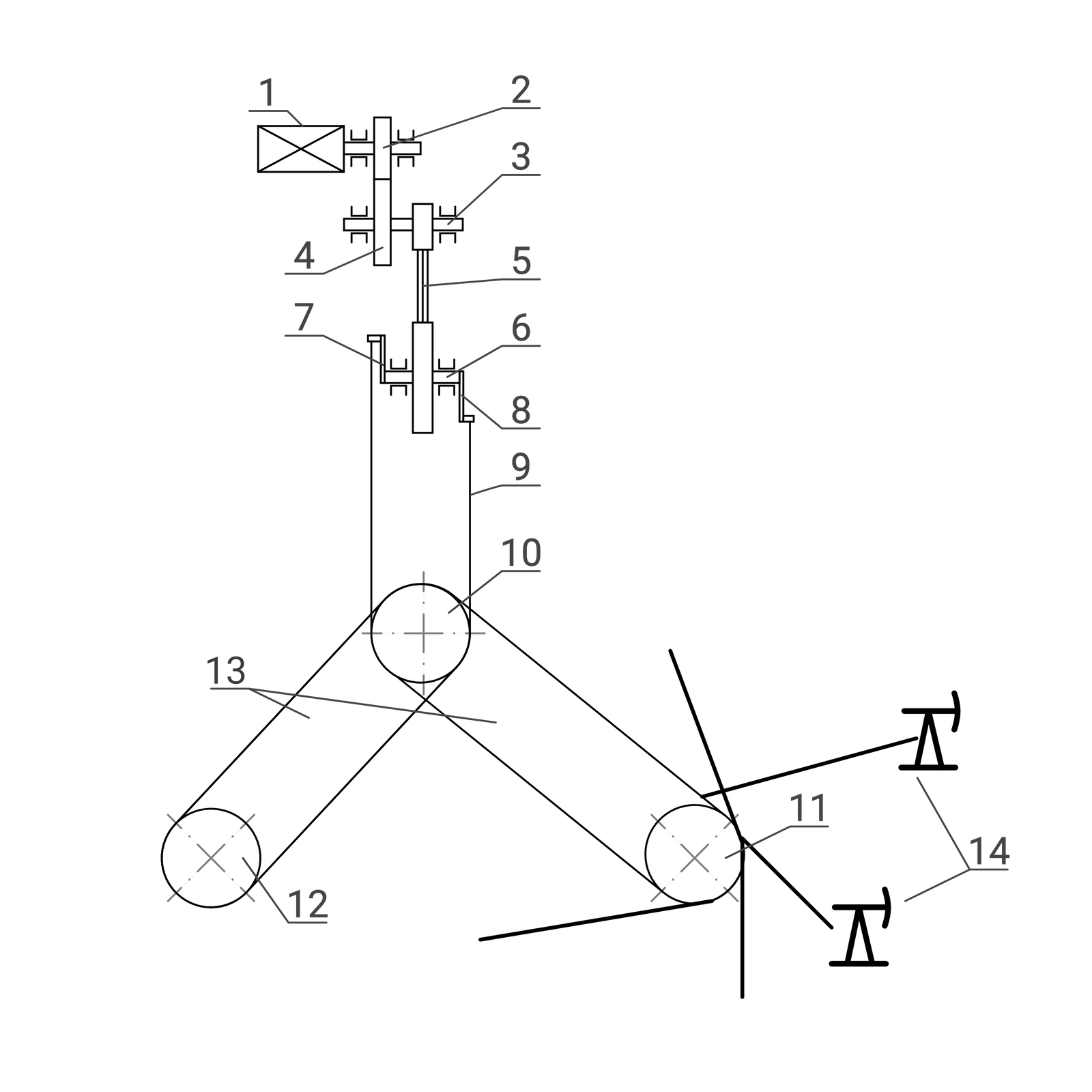 Zdjęcie przedstawia czarnobiały schemat budowy kieratu pompowego z kołem kieratowym i kołami filialnymi. U samej góry oznaczonym numerem jeden znajduje się silnik. Kiwon jest rodzajem pompy wykorzystywanej do pompowania ropy naftowej ze złoża niskiego ciśnienia, montowana przy wylocie otworu wiertniczego z którego wydobywana jest ropa za pomocą pompy wgłębnej.Silnik widoczny w lewym górnym rogu rysunku, przedstawiony jest jako prostokąt z przekątnymi. Silnik jest oznaczony cyfrą 1. Obok silnika znajduje się dwa małe prostokąty w orientacji poziomej z małymi miseczkami po bokach, a pomiędzy nimi znajduje się większy prostokąt w orientacji poziomej, prostokąt jest oznaczony numerem 2, co w legendzie oznacza przekładne zębate. Poniżej przekładni znajduje się kolejny, trochę dłuższy prostokąt z numerem 4. Są to również przekładnie zębate. Z lewej strony numeru 4 umieszczony jest prostokąt z miseczkami, a po jego prawej stronie zwykły prostokąt w poziomie. Obok znajduje się prostokąt w pionie, a po jego prawej stronie kolejny prostokąt z miseczkami i numerem 3. Jest to wał pośredniczący. Pod prostokątem w pionie narysowane są trzy linie z numerem pięć. Według legendy jest to przekładnia z pasków klinowych. Pod przekładnią z pasków klinowych znajduje się przekładnia z wałem korbowym oznaczonym na rysunku numerem 6. Do wału korbowego z prawej i lewej strony umocowane są korby, po lewej stronie korba oznaczona jest numerem siedem i jest skierowana do góry, a po prawej stronie korba oznaczona jest numerem 8 i jest skierowana ku dołowi. Do każdej z korby przymocowana jest linka w kierunku pionowym. Linka z prawej strony oznaczona jest numerem 9, według legendy są to podciągacze. Podciągacze są przyłączone do koła kieratowego głównego oznaczonego numerem 9. Na rysunku koło o numerze 9jest przedstawione jako okrąg. Po lewej stronie na dole od głównego koła, pod kątem czterdziestu pięciu stopni rozciągają się kolejne podciągacze z numerem trzynaście. Zostają zaczepione na kole filialnym o numerze dwanaście. Na prawo od głównego koła pod trochę większym kątem poprowadzone są kolejne podciągacze z numerem 13. Zaczepione zostały na kole filialnym o numerze 11. Od koła o numerze 11 odchodzi pięć czarnych linii. Przy dwóch z nich narysowany jest symbol kiwona, prosta kreska pozioma, rama nośna w kształcie odwróconej litery V, wahacz równoległy do podstawy i łeb wahacza z prawej strony. Oba symbole oznaczone są numerem 14 i według legendy nazwaną są kiwakami pompowymi.Pod rysunkiem znajduje się lista cyfr warz z opisami przypisanych do oznaczeń elementów. 1 czyli silnik,2 czyli przekładnie zębate,3 czyli wał pośredniczący, 4 czyli przekładnie zębate,5 czyli przekładnia z pasków klinowych,6 czyli wał korbowy,7 czyli korba,8 korba9 czyli podciągacz,10 czyli koło kieratowe główne,11 czyli koło filialne, 12 czyli koło filialne,13 czyli podciągacze,14 czyli kiwaki pompowe.