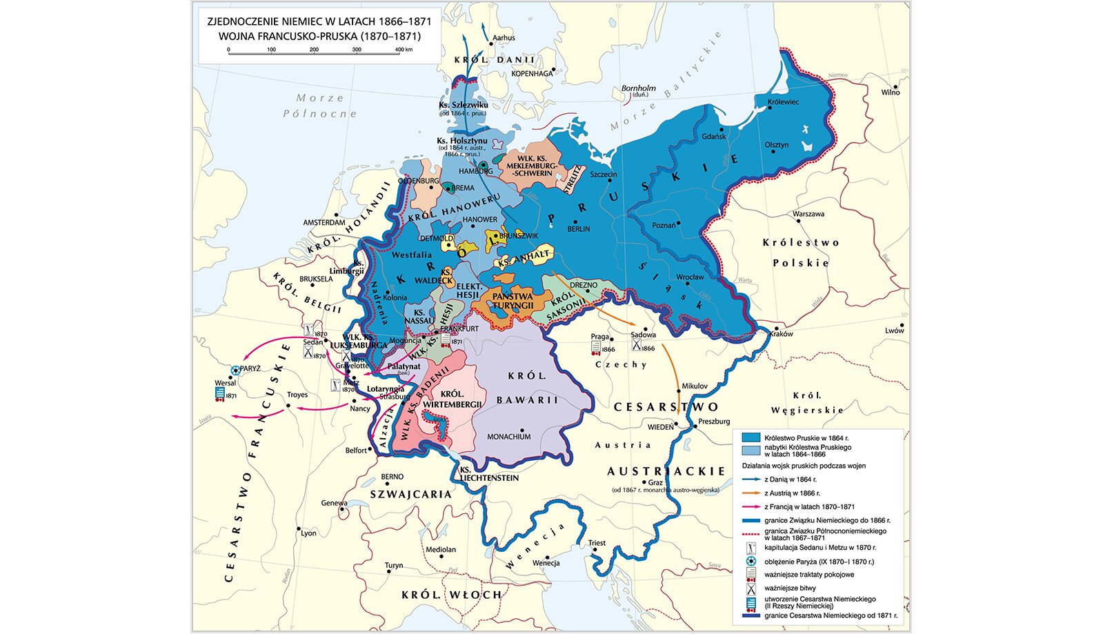 Wersja alternatywna. Zjednoczenie Niemiec w latach 1866-1871. W zakres Związku Niemieckiego do 1866 roku wchodziły między innymi tereny Królestwa Prus, Cesarstwa Austriackiego, Królestwo Saksonii, Królestwo Bawarii, Królestwo Wirtembergii, Wielkie Księstwo Badenii, Państwa Turyngii. Ziemie, które nabyło Królestwo Pruskie w latach 1864-1866: Królestwo Hanoweru, Księstwo Holsztynu, Landgrafostwo Hesji-Homburg, Księstwo Nassau. Granice związku Północnoniemieckiego w latach 1867-1871 obejmują północne tereny Związku Niemieckiego do 1866 roku, między innymi Królestwo Pruskie, Królestwo Hanoweru, Królestwo Saksonii.
