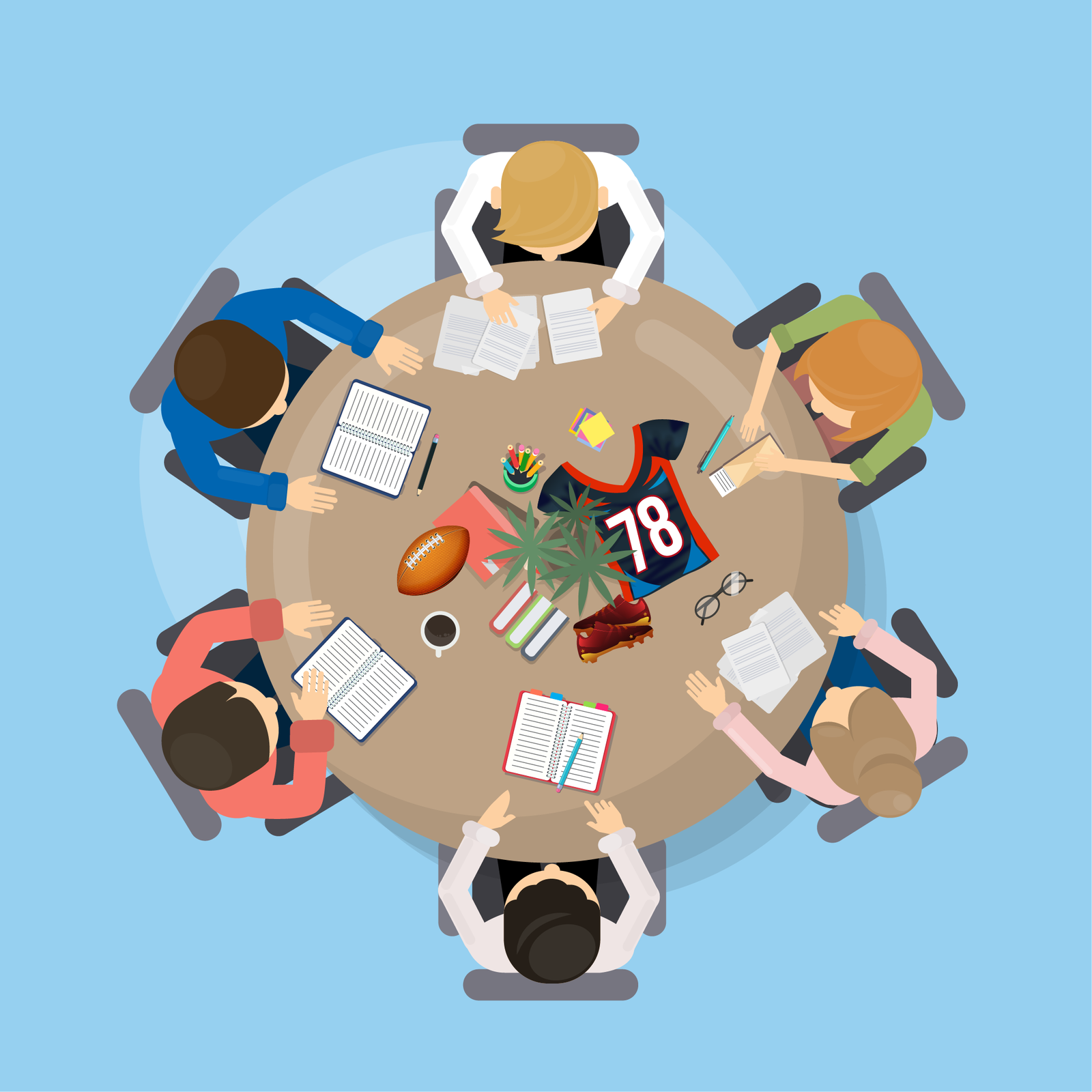 Ilustracja przedstawia okrągły stół ukazany z góry, przy którym widoczne są siedzące osoby. Przed każdą z osób widoczny jest rozłożony notatnik, na środku stołu stoją kredki w słoiku oraz piłka do ragby i koszulka z numerem 78. 