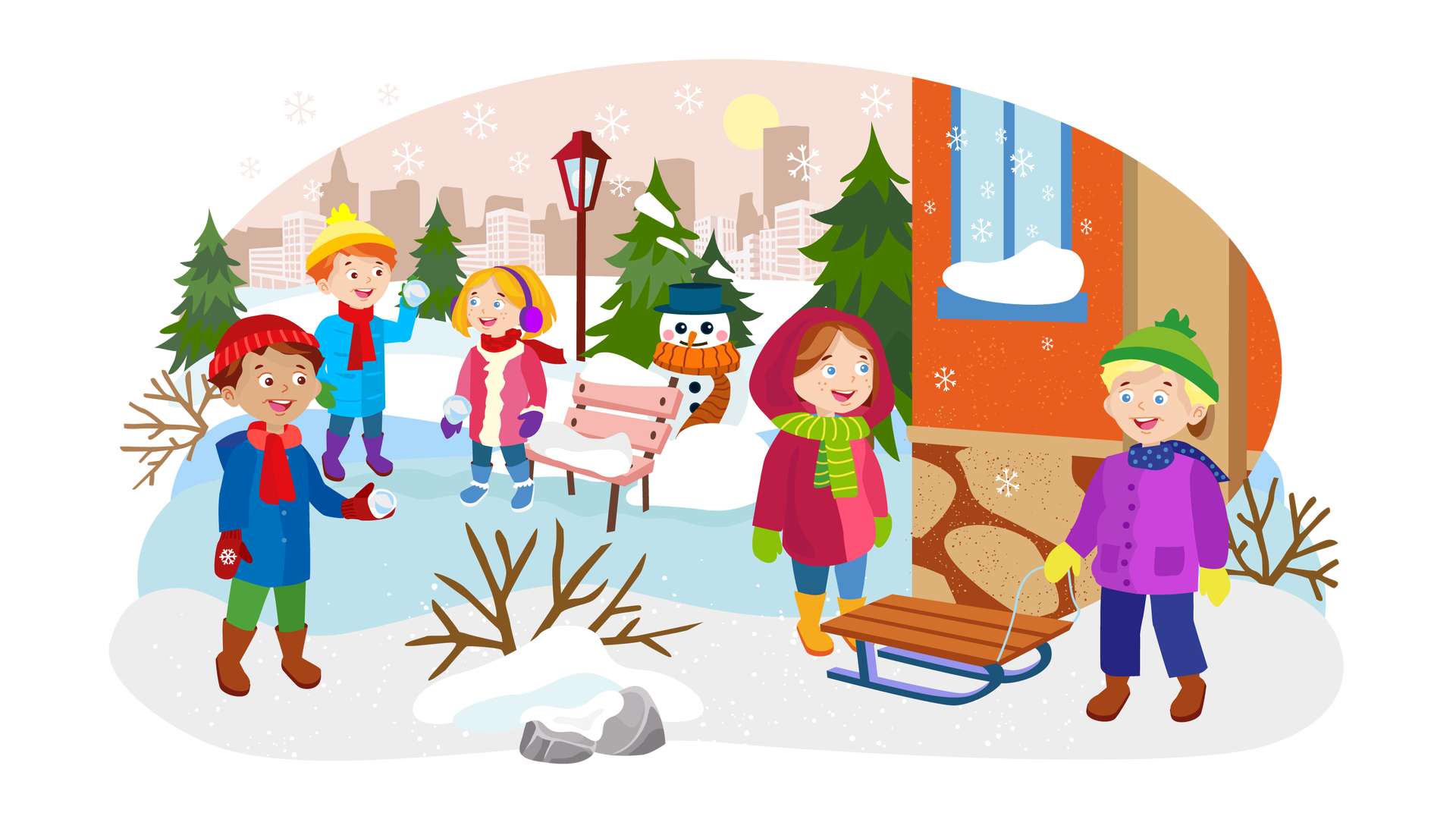 Ilustracja przedstawia podwórko zimą. W tle widać zarys miasta, a nad nim słońce. Bliżej znajduje się rozległy teren pokryty śniegiem. Dookoła rosną pojedyncze świerki, a z nieba spadają liczne płatki śniegu. Po prawej stronie widać fragment domu z pomarańczową ścianą i niebieskim oknem. W centralnej części ilustracji stoi bałwan z pomarańczowym szalikiem i granatowym kapeluszem, a obok niego wysoka latarnia oraz różowa ławka pokryta śniegiem. Na podwórku bawi się pięcioro dzieci. Po lewej stronie jest chłopiec o krótkich brązowych włosach. Jest ubrany w granatową kurtkę, długie zielone spodnie, czerwoną czapkę, czerwony szalik, bordowe rękawiczki i brązowe buty. W lewej ręce trzyma śnieżkę. Dalej stoi Franek, który również trzyma w lewej ręce śnieżkę. Jest ubrany w niebieską kurtkę, długie granatowe spodnie, żółtą czapkę z pomponem, czerwony szalik, zielone rękawiczki i fioletowe buty. Obok niego stoi dziewczynka o rozpuszczonych blond włosach. Jest ubrana w różową kurtkę z kożuszkiem, długie granatowe spodnie, czerwony szalik, fioletowe rękawiczki i niebieskie buty. Na głowie ma fioletowe nauszniki. Trzyma śnieżkę w prawej ręce. Bliżej prawej strony stoi Maja. Jest ubrana w różową kurtkę, długie niebieskie spodnie, zielony szalik, zielone rękawiczki i żółte buty. Na głowę ma naciągnięty kaptur. Obok niej znajduje się chłopiec o krótkich blond włosach. Jest ubrany w fioletową kurtkę, długie granatowe spodnie, zieloną czapkę z pomponem, granatowy szalik w kropki, żółte rękawiczki i brązowe buty. Prawą ręką trzyma sznurek od sanek stojących obok niego. Wszystkie dzieci mają pogodne miny i się uśmiechają.