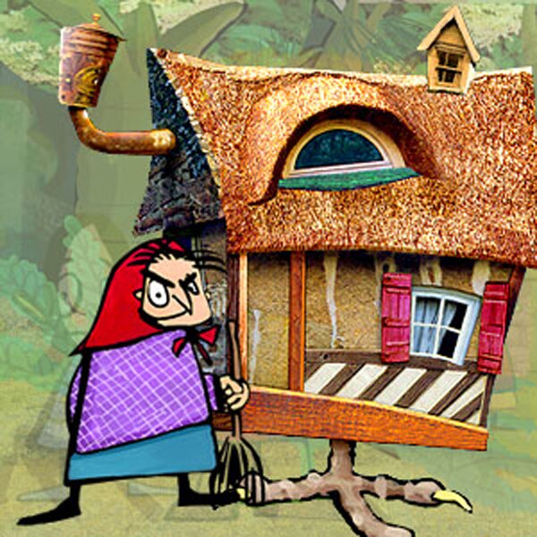 Kolorowa ilustracja przedstawia chatkę na kurzej stopce, znajdującą się w lesie. Obok stoi stara kobieta w chustce z miotłą w dłoni. Ma zły wyraz twarzy.