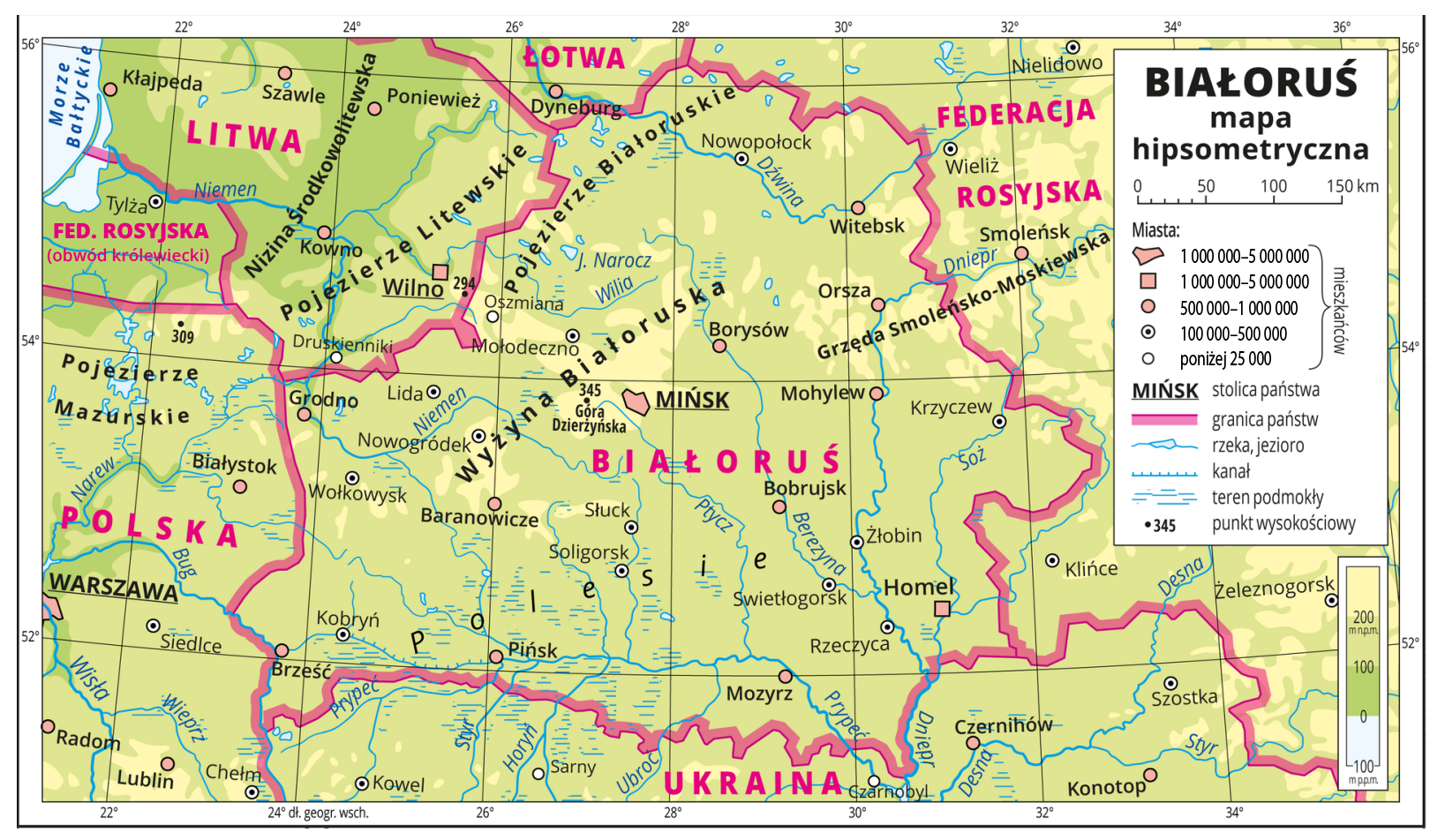 Mapa przedstawia hipsometrię Białorusi. Czarnymi napisami wypisano na niej krainy geograficzne. Od północnego wschodu na Białorusi duży obszar zajmuje Wyżyna Białoruska nad nią pasmowy przebieg od południowego zachodu na północny wschód ma Pojezierze Białoruskie, pod wyżyną na południu znajduje się zachodnia część Grzędy Smoleńsko‑Moskiewskiej, która zajmuje również obszar Federacji Rosyjskiej, całe południe kraju zajmuje Polesie. W prawym dolnym rogu mapy znajduje się skala barw wskazująca wysokości kolorem jasnożółtym zaznaczono na niej tereny powyżej 200 m n.p.m. jasnozielonym kolorem oznaczono tereny o wysokości od 100 do 200 m n.p.m., kolorem zielonym tereny od 0 do 100 m n.p.m., a na samym dole kolorem niebieskim oznaczono tereny o wysokości poniżej 0 m. do 100 m p.p.m. Z prawej strony mapy jest legenda, na niej tytuł mapy "Białoruś mapa hipsometryczna" pod nim jest skala liniowa z podziałką co 50 km, a poniżej znajdują się objaśnienia do symboli punktowych i liniowych zastosowanych na mapie. Dookoła mapy jest biała ramka w której opisano wartości południków i równoleżników wpisanych w mapę, co 2 stopnie. 