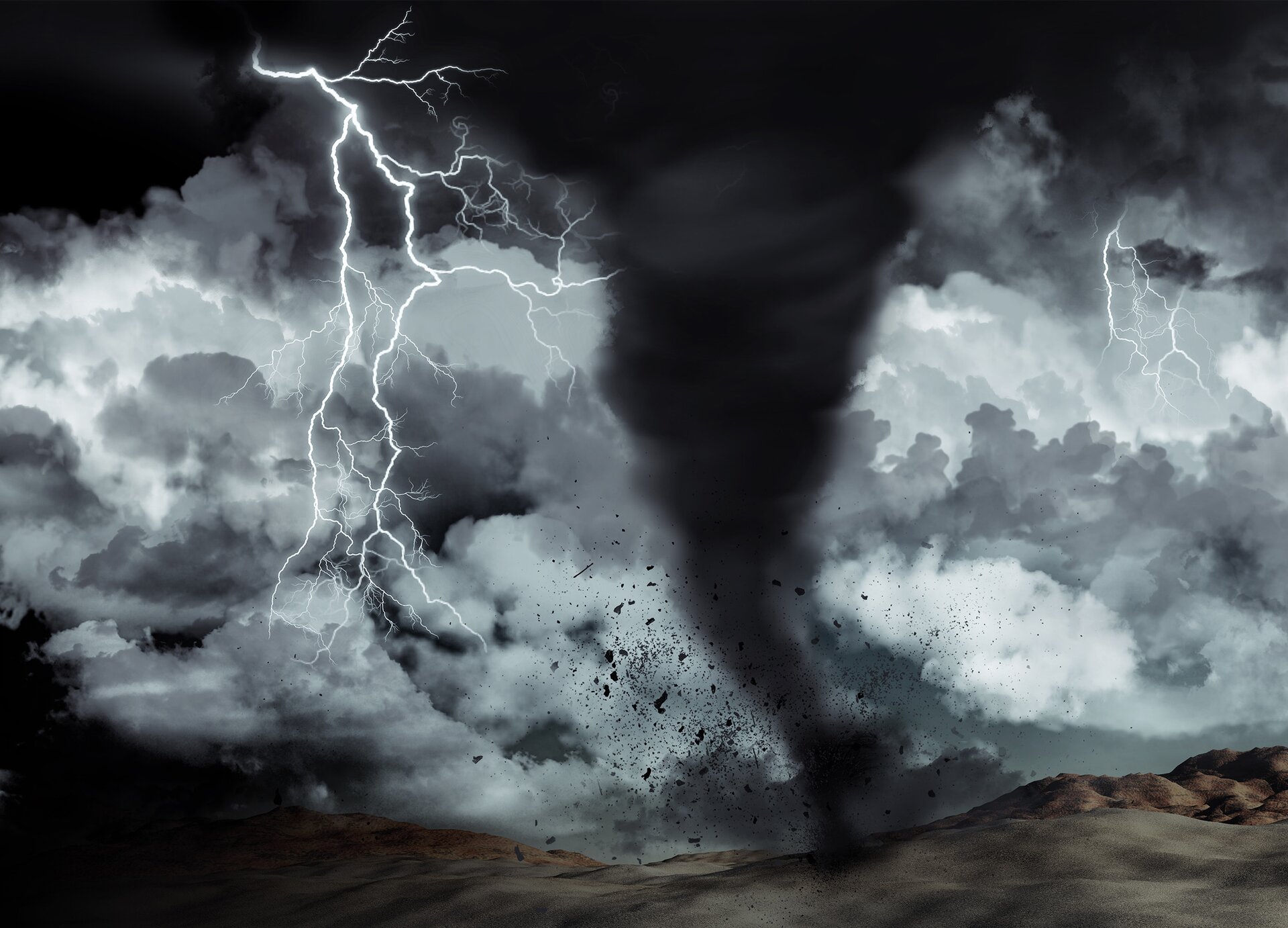 Ilustracja przedstawia trąbę powietrzną znajdująca się nad niewielkimi wyniesieniami. Trąba powietrzna ma kolor czarny. W miejscu, w którym znajduje się trąba powietrzna, widoczna jest uskakująca na boki ziemia. Niebo jest siwo‑czarne, z głębiącymi się stalowymi i czarnymi chmurami i jest poprzecinane pionowymi, rozgałęziającymi się białymi błyskawicami.