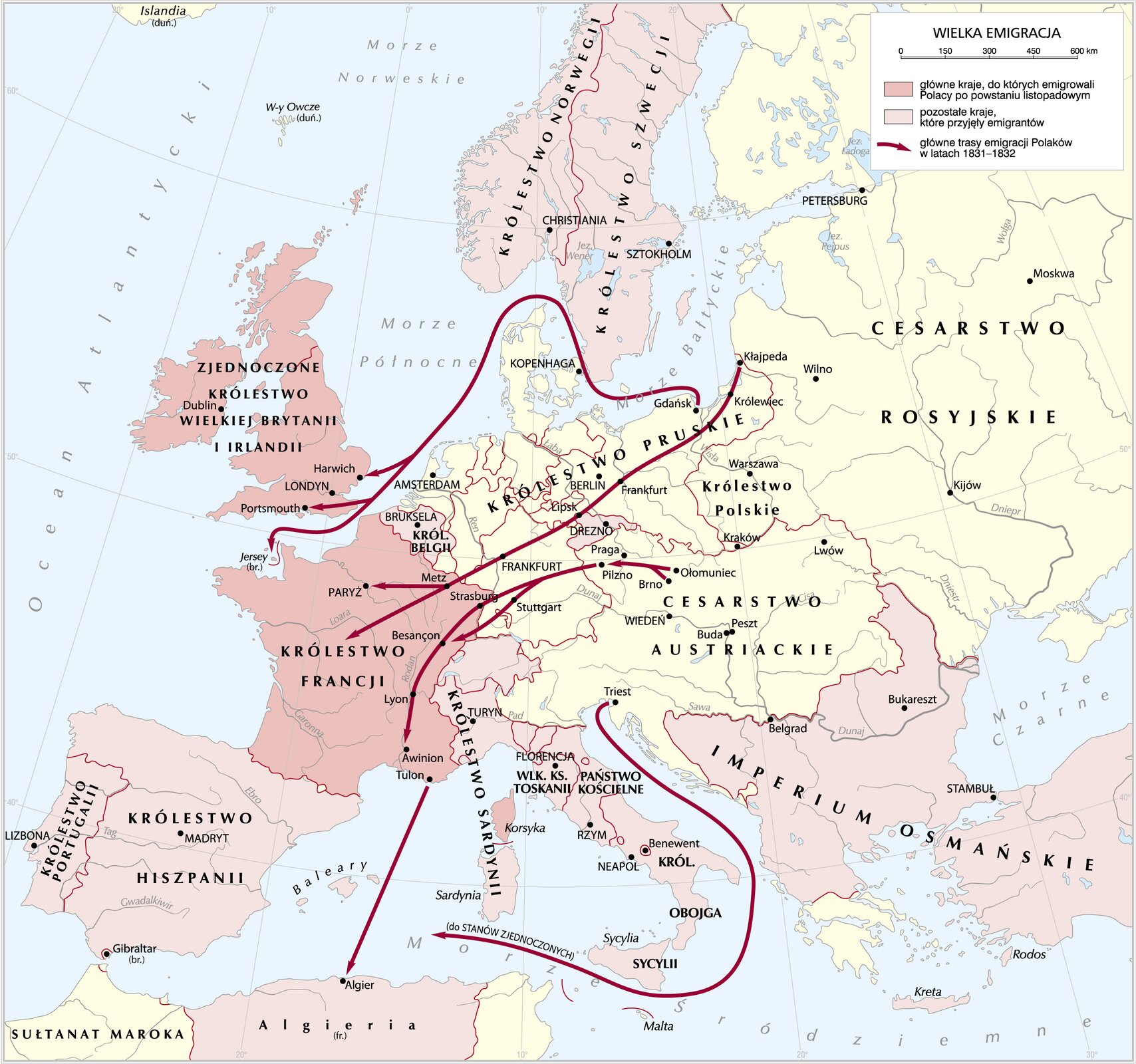 Mapa Europy na której zostały zaznaczone kierunki emigracji Polaków po powstaniu listopadowymMapa  Europy przedstawia kierunki Wielkiej Emigracji. Do głównych krajów, do których emigrowali Polacy po powstaniu listopadowym, należały: Królestwo Francji, Zjednoczone Królestwo Wielkiej Brytanii i Irlandii, Korsyka. Pozostałe kraje, które przyjęły emigrantów, to: Królestwo Norwegii i Królestwo Szwecji, Królestwo Belgii, Królestwo Portugalii i Królestwo Hiszpanii, Królestwo Sardynii, Algieria, Wielkie Księstwo Toskanii, Państwo Kościelne, Królestwo Obojga Sycylii oraz Imperium Osmańskie. Na mapie zaznaczono główne trasy emigracji Polaków w latach 1831‑1832, rozpoczynają się one w Cesarstwie Rosyjskim z miasta Kłajpeda (współczesna Litwa) na południowy‑zachód, przez Frankfurt, obok Berlina, do Francji (Paryż). Z Gdańska (Królestwo Pruskie) przez Morze Bałtyckie do Morza Północnego, do południowego wybrzeża współczesnych Wysp Brytyjskich (miasta Harwich, Londyn, Portmouth) i północnego wybrzeża Francji. Z Ołomuńca i Brna w Cesarstwie Austriackim przez Pragę, Pilzno, przez Strasburg bądź Stuttgart do miast Francji (Besancon, Lyon, Awinion i Tulon), dla niektórych przez Morze Śródziemne do Algieru w Algierii. Z Triestu w Cesarstwie Austriackim wzdłuż Półwyspu Apenińskiego przez Morze Śródziemne do Stanów Zjednoczonych. Pozostałe kraje, które przyjęły emigrantów to również Drezno i obszary wokół niego. 