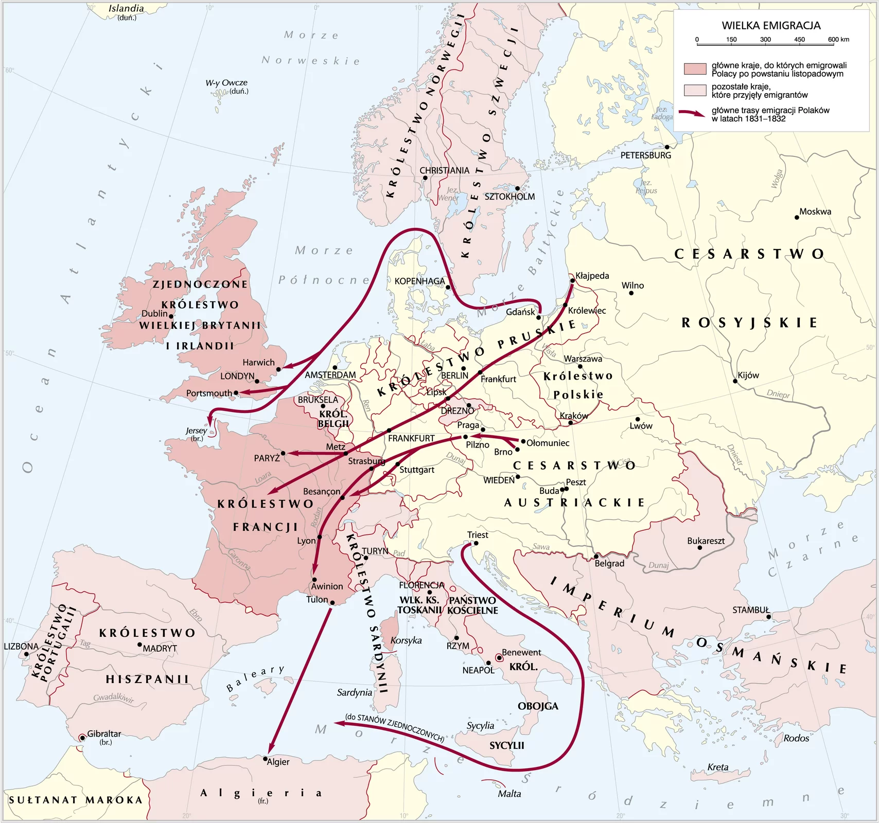Mapa Europy na której zostały zaznaczone kierunki emigracji Polaków po powstaniu listopadowymMapa  Europy przedstawia kierunki Wielkiej Emigracji. Do głównych krajów, do których emigrowali Polacy po powstaniu listopadowym, należały: Królestwo Francji, Zjednoczone Królestwo Wielkiej Brytanii i Irlandii, Korsyka. Pozostałe kraje, które przyjęły emigrantów, to: Królestwo Norwegii i Królestwo Szwecji, Królestwo Belgii, Królestwo Portugalii i Królestwo Hiszpanii, Królestwo Sardynii, Algieria, Wielkie Księstwo Toskanii, Państwo Kościelne, Królestwo Obojga Sycylii oraz Imperium Osmańskie. Na mapie zaznaczono główne trasy emigracji Polaków w latach 1831‑1832, rozpoczynają się one w Cesarstwie Rosyjskim z miasta Kłajpeda (współczesna Litwa) na południowy‑zachód, przez Frankfurt, obok Berlina, do Francji (Paryż). Z Gdańska (Królestwo Pruskie) przez Morze Bałtyckie do Morza Północnego, do południowego wybrzeża współczesnych Wysp Brytyjskich (miasta Harwich, Londyn, Portmouth) i północnego wybrzeża Francji. Z Ołomuńca i Brna w Cesarstwie Austriackim przez Pragę, Pilzno, przez Strasburg bądź Stuttgart do miast Francji (Besancon, Lyon, Awinion i Tulon), dla niektórych przez Morze Śródziemne do Algieru w Algierii. Z Triestu w Cesarstwie Austriackim wzdłuż Półwyspu Apenińskiego przez Morze Śródziemne do Stanów Zjednoczonych. Pozostałe kraje, które przyjęły emigrantów to również Drezno i obszary wokół niego. 