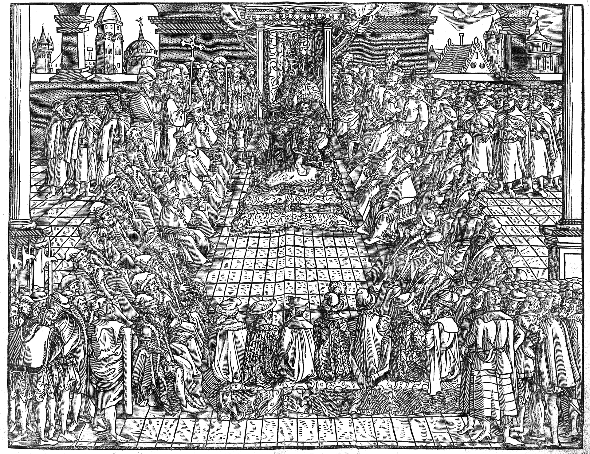 Szkic przedstawia króla siedzącego na wysokim tronie w wielkiej sali. Przed nim na krzesłach siedzą liczni przedstawiciele szlachty i duchowieństwa. Za nimi stoją liczni żołnierze i mieszczanie. Za oknami znajduje się miasto. 