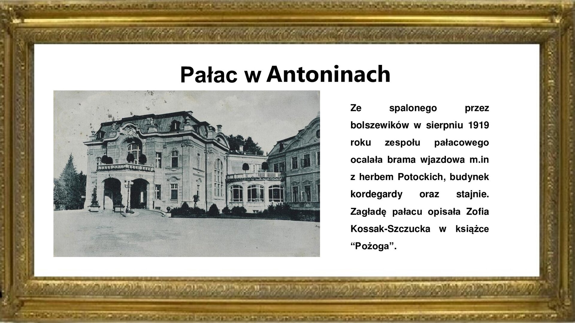 Slajd przedstawia napis tytułowy: Pałac w Antoniach. Po prawej stronie jest fotografia przedstawiającą pałac w Antoninach przed 1919 rokiem. Na pierwszym planie po lewej stronie widoczny jest gmach główny z wejściem pod portykiem z obmurowanym kamieniem balkonem. Dwukondygnacyjny budynek nakryty jest mansardowym dachem ozdobionym rzeźbami. Przeszkolony łącznik na galerię obrazów spina gmach główny z barokowymi oficynami z XVIII wieku. Fotografii towarzyszy napis informacyjny: Ze spalonego przez bolszewików w sierpniu 1919 roku zespołu pałacowego ocalała brama wjazdowa m.in. z herbem Potockich, budynek kordegardy oraz stajnie. Zagładę pałacu opisała Zofia Kossak‑Szczucka w książce „Pożoga”. 
