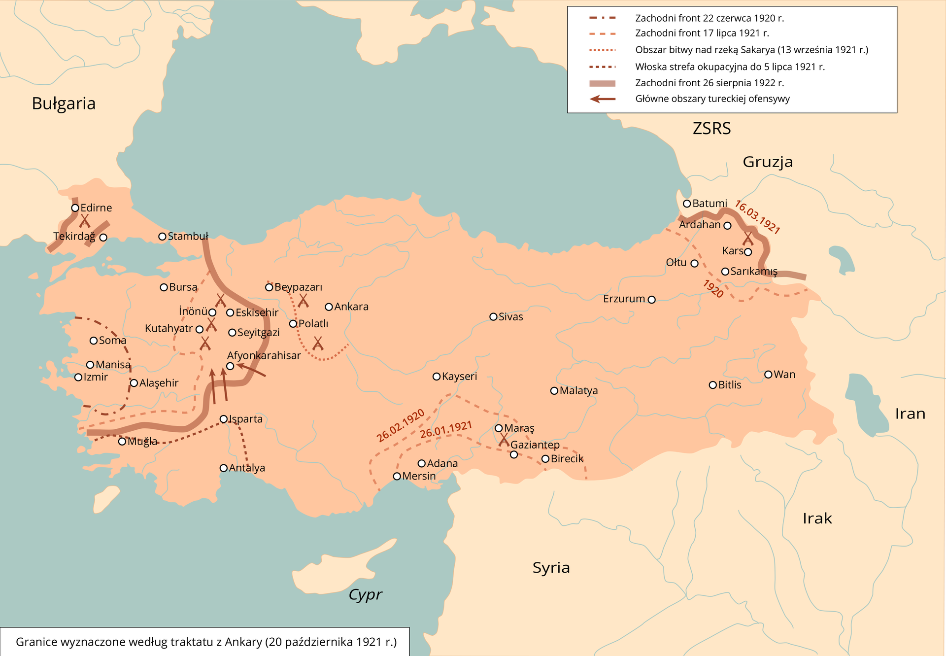 Mapa przedstawia fronty działań wojennych podczas wojny o niepodległość Turcji. Front zachodni miał miejsce 22 czerwca 1920 roku, w zachodniej część Turcji i obejmując miasta takie jak Soma, Manisa, Izmir. Zachodni front z 17 lipca 1921 roku obejmował większą część strony zachodniej Turcji w jej skład wchodziły miasta takie jak Bursa Stambuł, Tekirdag, Edirne, Alasehir. Obszar bitwy nad rzeką Sakarya z 13 września 1921 roku obejmował teren obecnej Ankary. Włoska strefa okupacyjna do 5 lipca 1921 roku znajdowała się na południowym - zachodzie Turcji i obejmowała miasta Mugla, Isparta i Antalya. Zachodni front 26 sierpnia 1922 roku znajdował się między zachodnią, a centralną częścią kraju oraz przy granicy z Bułgarią i Gruzją po wschodniej stronie. Główne obszary tureckiej ofensywy miały miejsce po zachodniej stronie w Afyonkarahisar. 