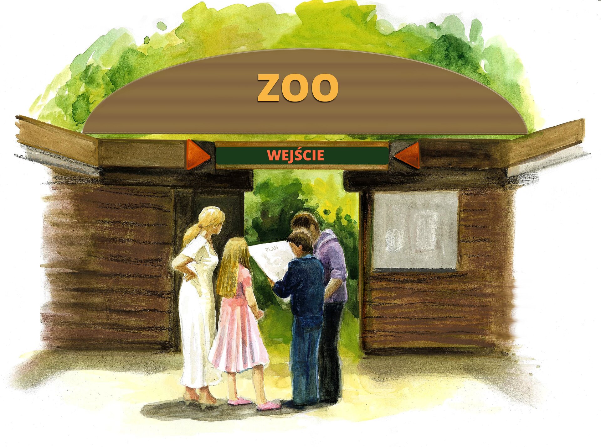 Ilustracja przedstawiajaca rodzinę stojącą przed wejściem do ZOO