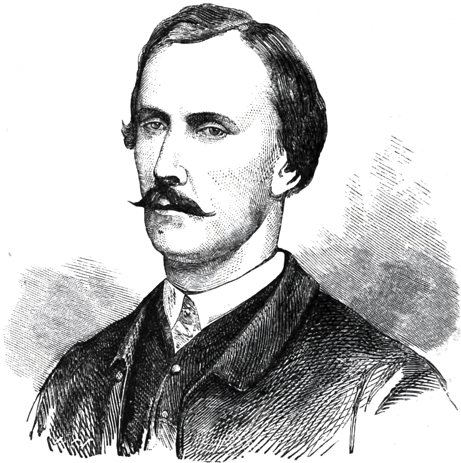 Czarno‑biały rysunek przedstawia portret Ludwika Żychlińskiego. Mężczyzna ubrany jest w koszulę z wysokim kołnierzem, kamizelkę i surdut. Ma włosy z przedziałkiem zaczesane w prawą stronę oraz podkręcone na końcach wąsy.