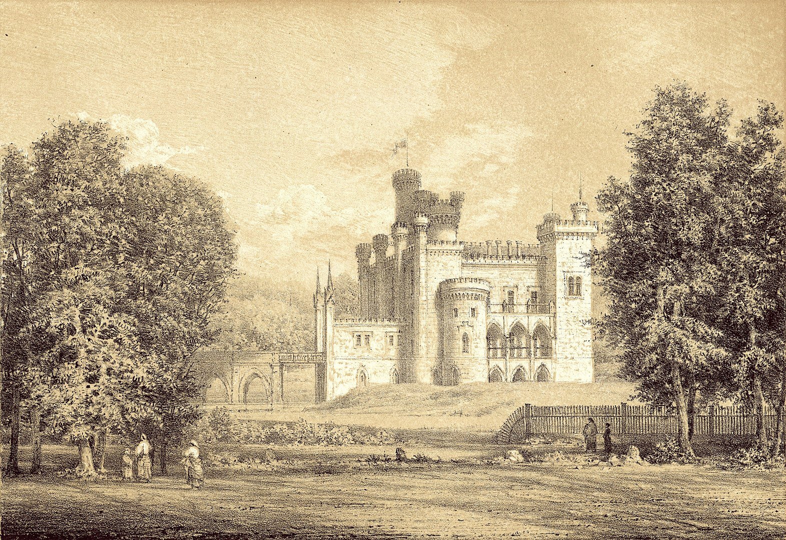 Rysunek przedstawia zamek w Kórniku. Posiada on liczne wieże i baszty, z których powiewają flagi. Jest otoczony fosą, przez którą prowadzi wysoki most. Zamek jest otoczony parkiem z licznymi drzewami. 