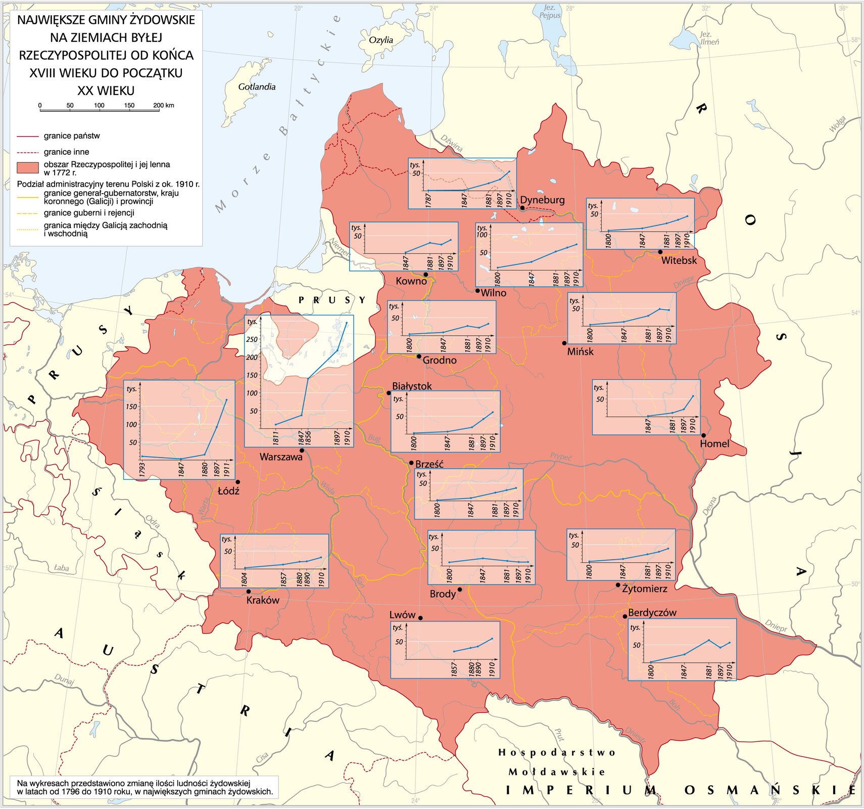 Kliknij żeby powiększyć Mapa przedstawiając największe gminy żydowskie na ziemiach byłej Rzeczypospolitej od końca XVIII wieku do początku XX wieku.