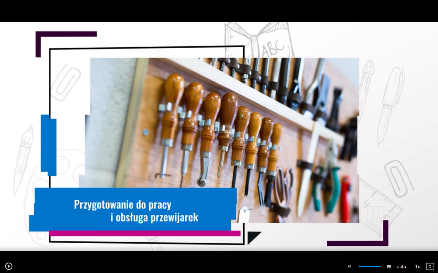 Grafika przedstawia ekran odtwarzacza filmu. Po lewej stronie ramka z tytułem: Przygotowanie do pracy i obsługa przewijarek. W dolnej części znajdują się ikony nawigacyjne. W lewym dolnym rogu jest ikona trójkąta w kole, która służy do włączenia/wyłączenia filmu. Pośrodku dolnej części znajduje się ikona głośnika, a obok niego jest niebieska linia regulacji poziomu głośności. Obok jest ikona przedstawiająca fragment sylwetki człowieka (głowa i górna część tułowia), która służy do włączenia audiodeskrypcji. Po prawej stronie głowy znajdują się dwa białe półkola - zewnętrzne większe, wewnętrzne mniejsze. Obok znajduje się biały prostokąt z czarnymi, małymi polami w dolnej części, który służy do włączenia napisów. Obok napis "auto", który służy do zmiany jakości odtwarzania filmu. Dalej na prawo napis: "jeden x". Służy on do zmiany tempa odtwarzania filmu. W prawym dolnym rogu białe, przerywane kontury kwadratu. Ikona ta służy do włączenia trybu pełnoekranowego. 