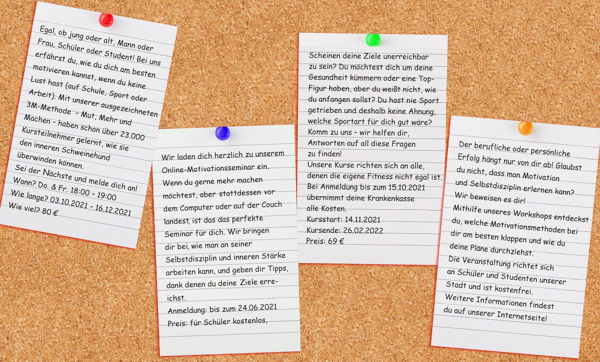 Ilustracja przedstawia cztery kartki przybite pinezkami do tablicy korkowej. Ich treść jest transkrybowana poniżej.