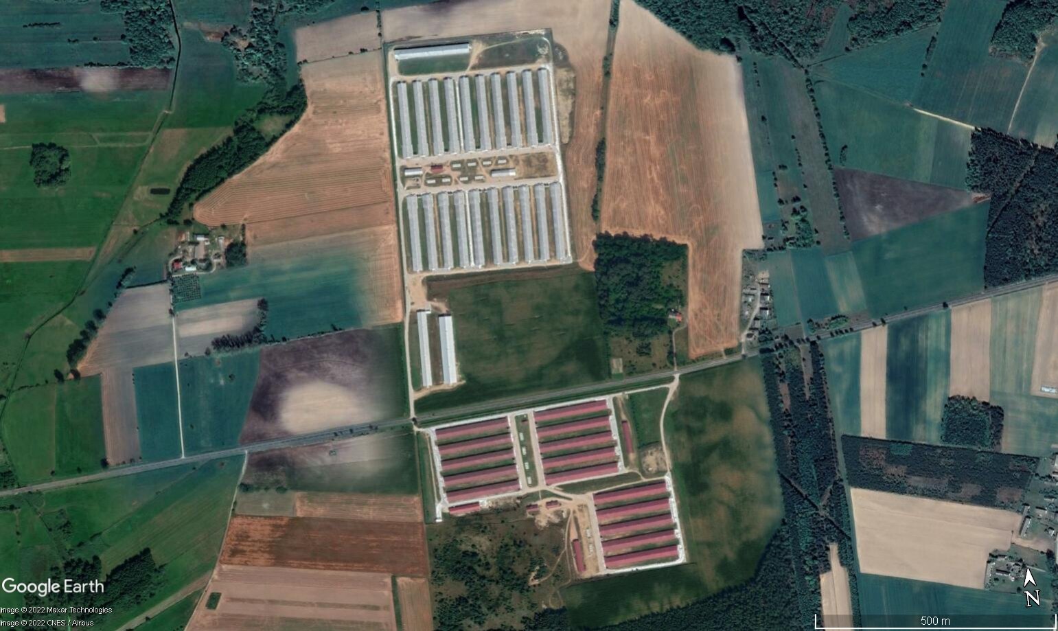 Ilustracja przedstawia fermy drobiu w Polsce. Na zdjęciu satelitarnym ukazano budynki w których hodowane są kury, indyki. Mają one podłużne kształty.