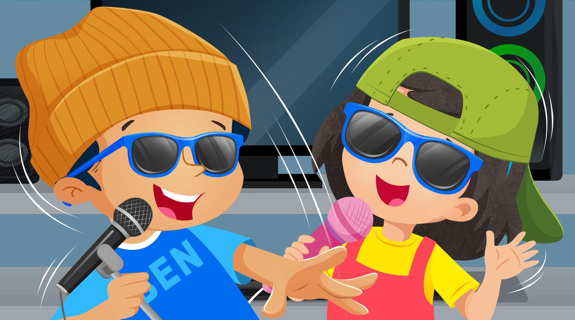 Widoczni są Lea i Ben, którzy rapują. Mają na sobie czapki z daszkiem i okulary przeciwsłoneczne. 