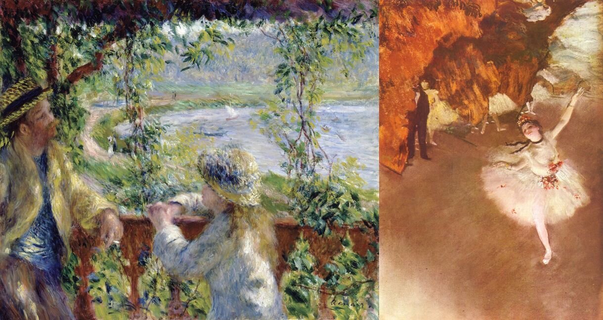 Fotografia przedstawia reprodukcje dwóch obrazów. Z lewej: ilustracja przedstawia obraz Pierre‑Auguste Renoir,a „Nad wodą”. Ukazuje mężczyznę w kapeluszu i z papierosem w dłoni, opartego o barierkę tarasu, rozmawiającego z dziewczynką, która patrzy w jego stronę. Na głowie ma słomiany kapelusz z kwiatami. Od góry zwisają pędy gałęzi z liśćmi. Za tarasem znajduje się widok na jezioro i las na horyzoncie Z prawej: ilustracja przedstawia obraz Edgara Degasa „Primabalerina”. Ukazuje baletnicę podczas występu na scenie, znajduje się ona na pierwszym planie. W tle stoją pozostałe tancerki. Scena ujęta jest z góry. Tło, na które składają się inne tancerki jest mniej wyraźne. 