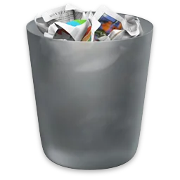 Ikona kosza w systemie macOS. Walcowaty kosz wypełniony kolorowymi papierami. 